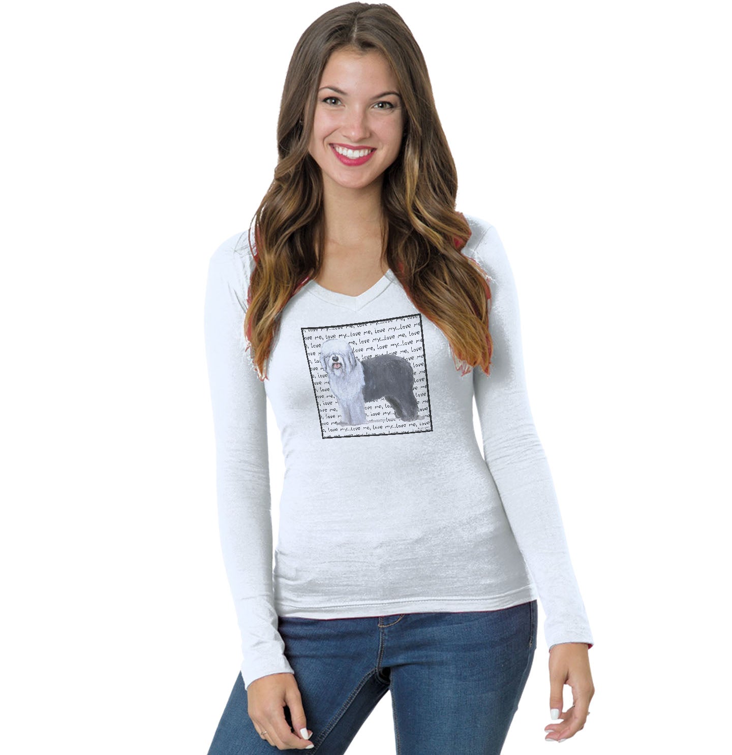 Old English Sheepdog Love Text - Women's V-Neck Long Sleeve T-Shirt