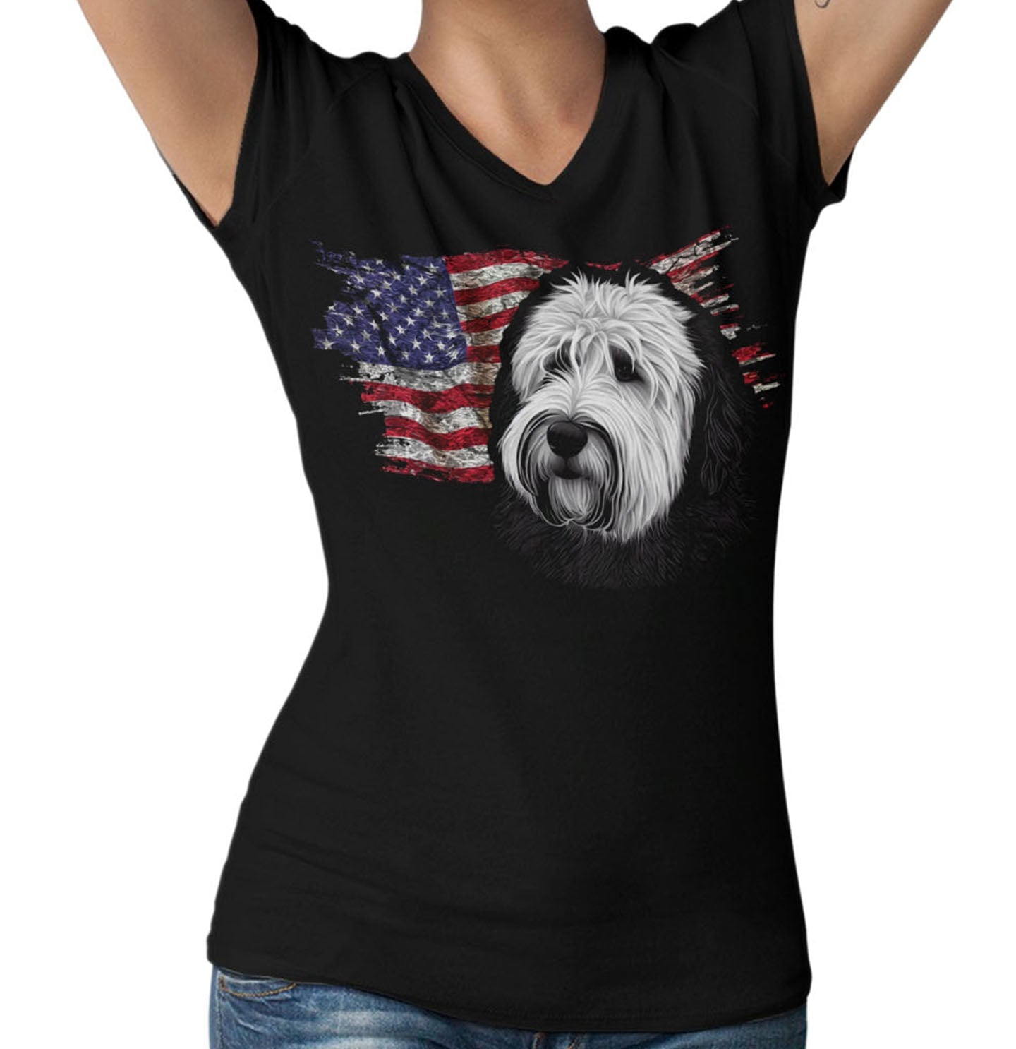 Patriotic Old English Sheepdog American Flag - Women's V-Neck T-Shirt