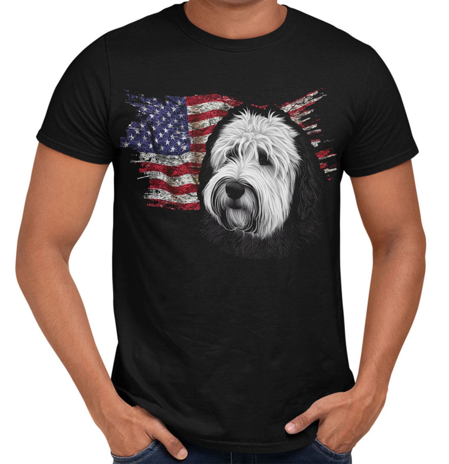 Patriotic Old English Sheepdog American Flag - Adult Unisex T-Shirt