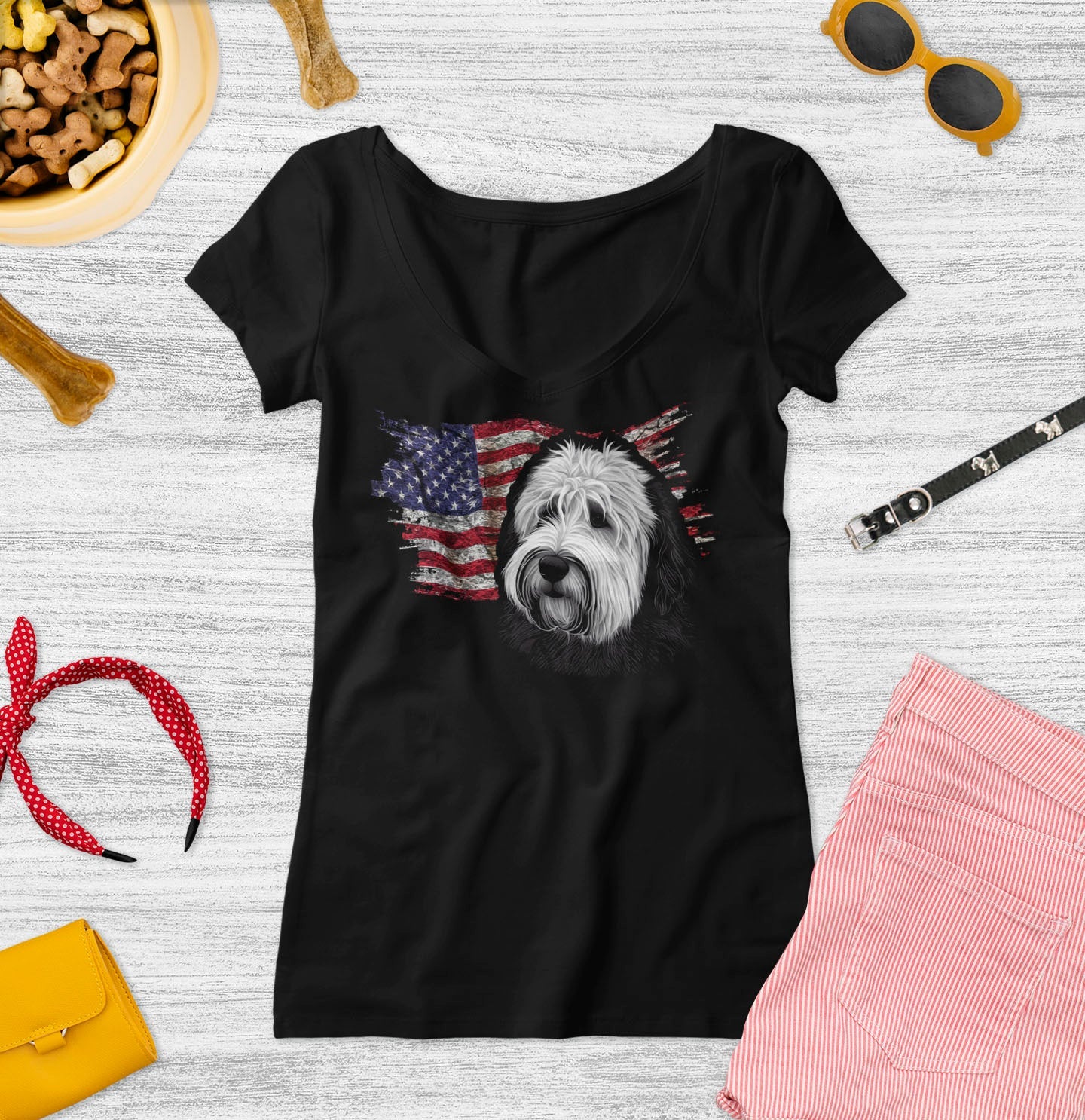 Patriotic Old English Sheepdog American Flag - Women's V-Neck T-Shirt