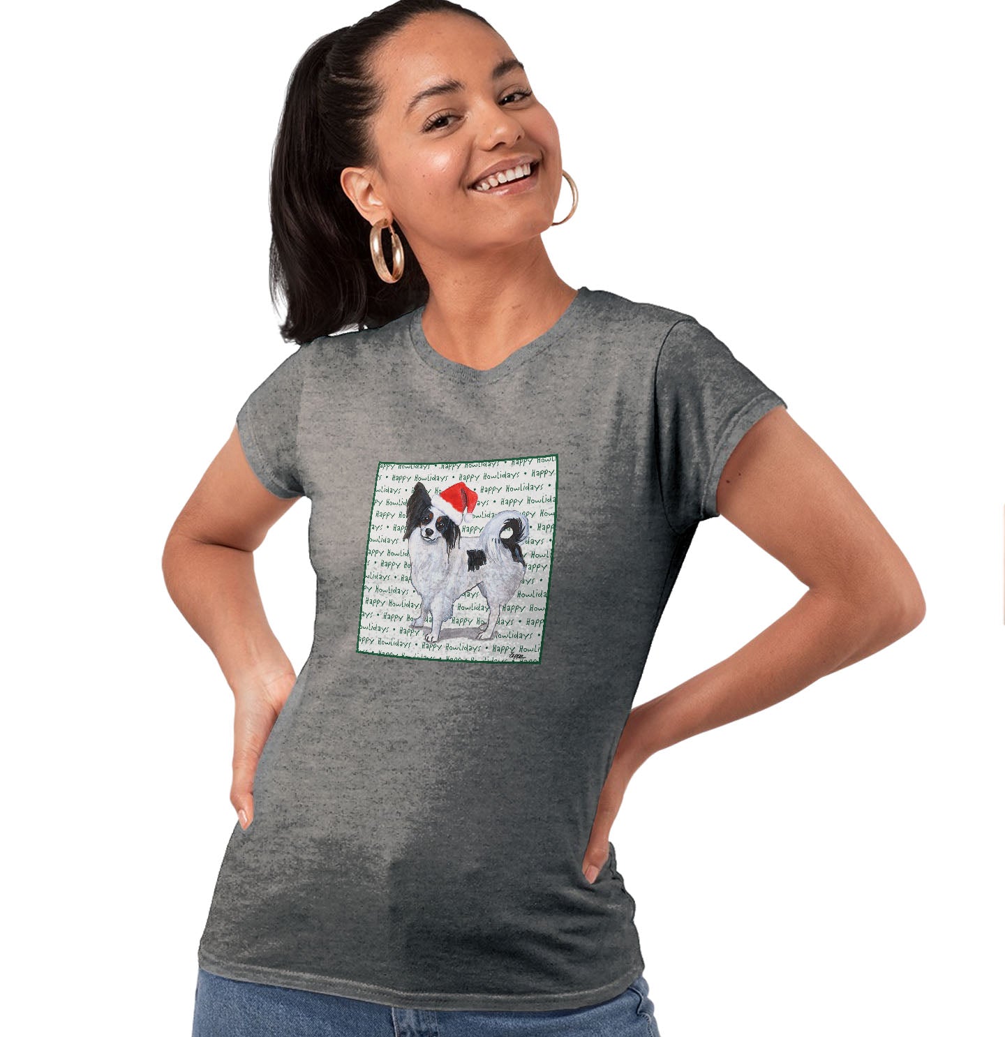 Papillon Happy Howlidays Text - Women's Tri-Blend T-Shirt