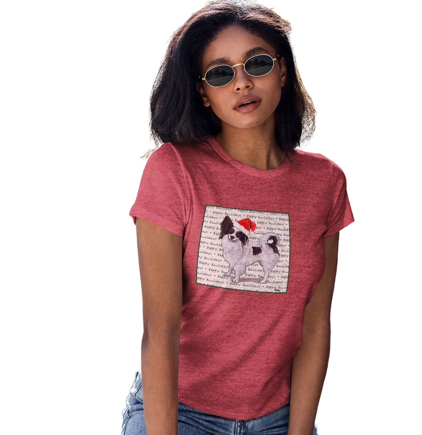 Papillon Happy Howlidays Text - Women's Tri-Blend T-Shirt