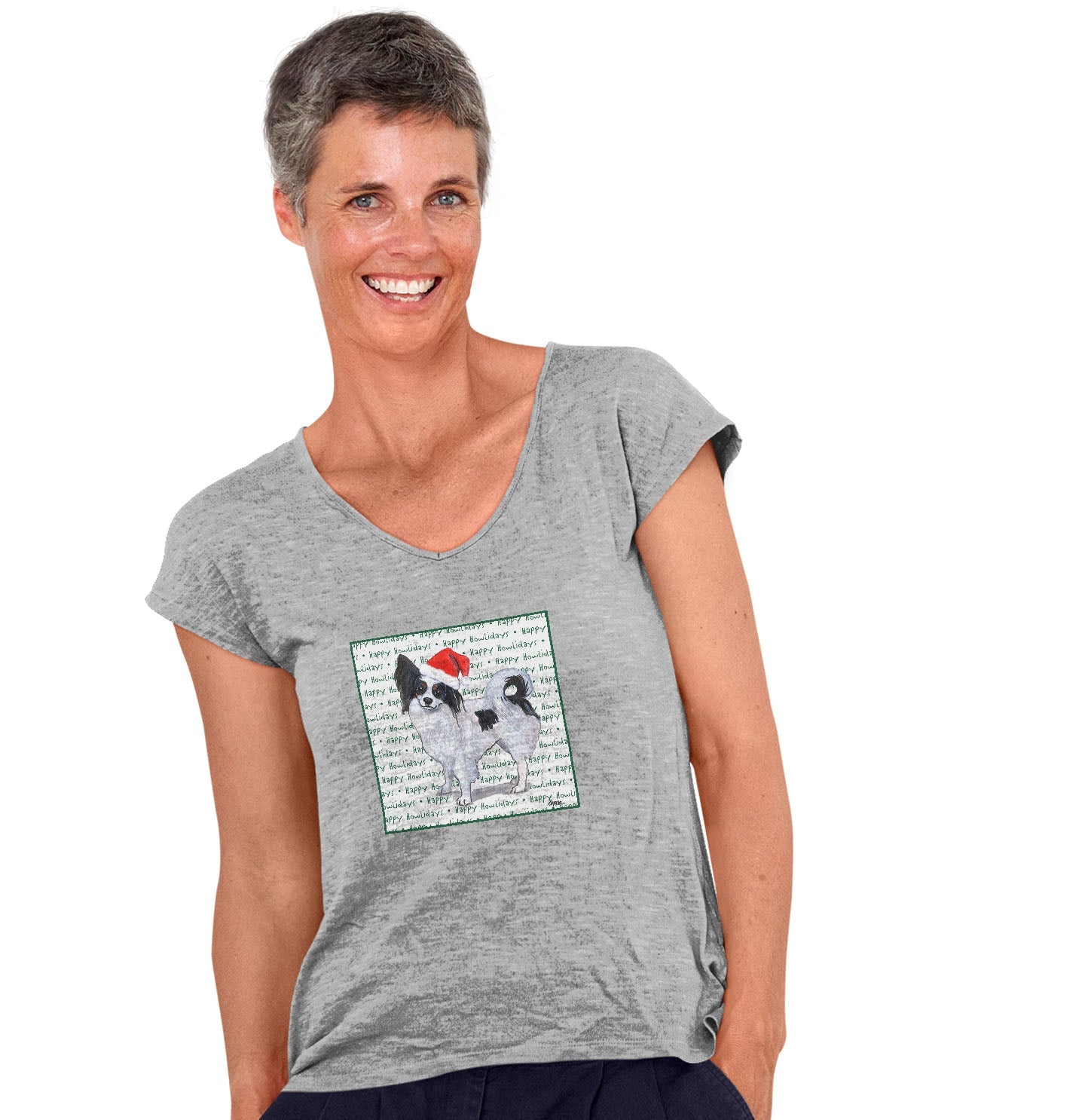 Papillon Happy Howlidays Text - Women's V-Neck T-Shirt