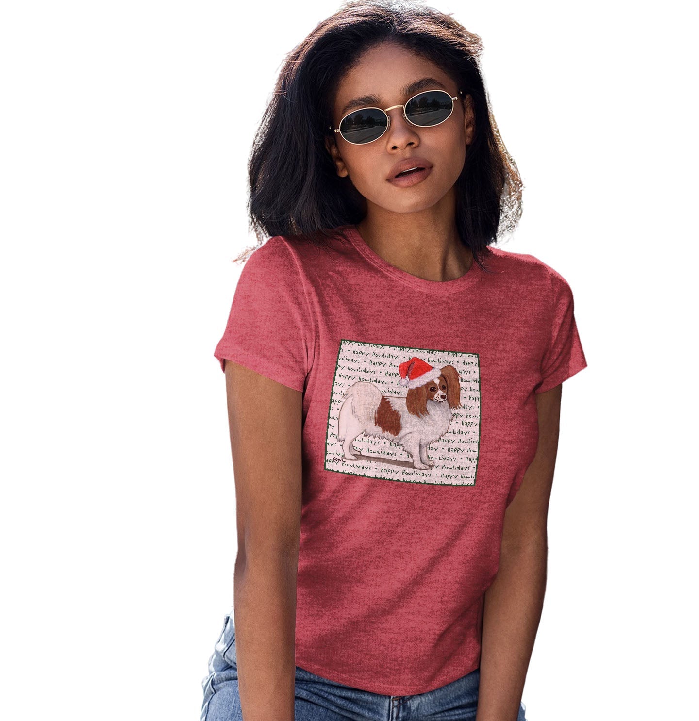 Papillon (Red) Happy Howlidays Text - Women's Tri-Blend T-Shirt