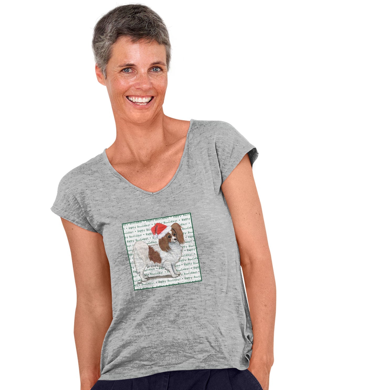 Papillon (Red) Happy Howlidays Text - Women's V-Neck T-Shirt