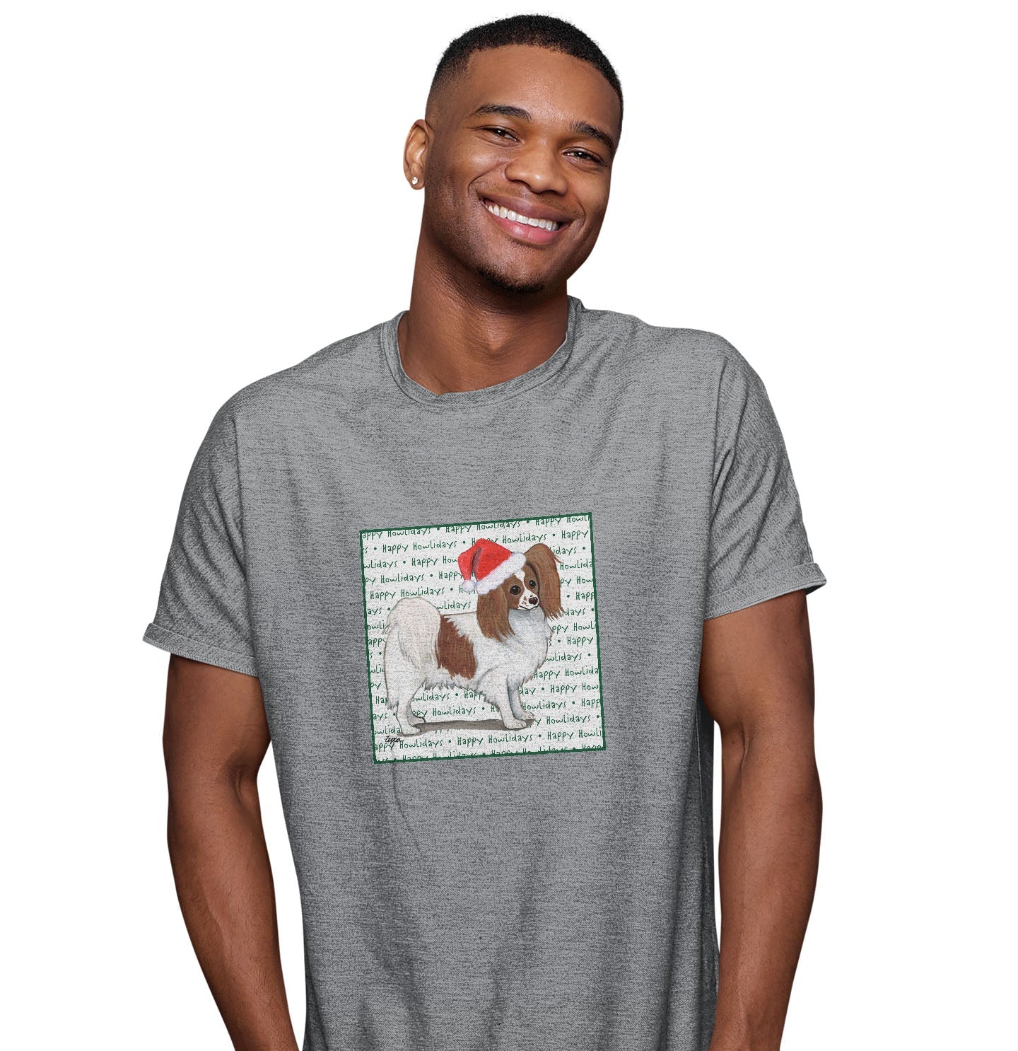 Papillon (Red) Happy Howlidays Text - Adult Unisex T-Shirt