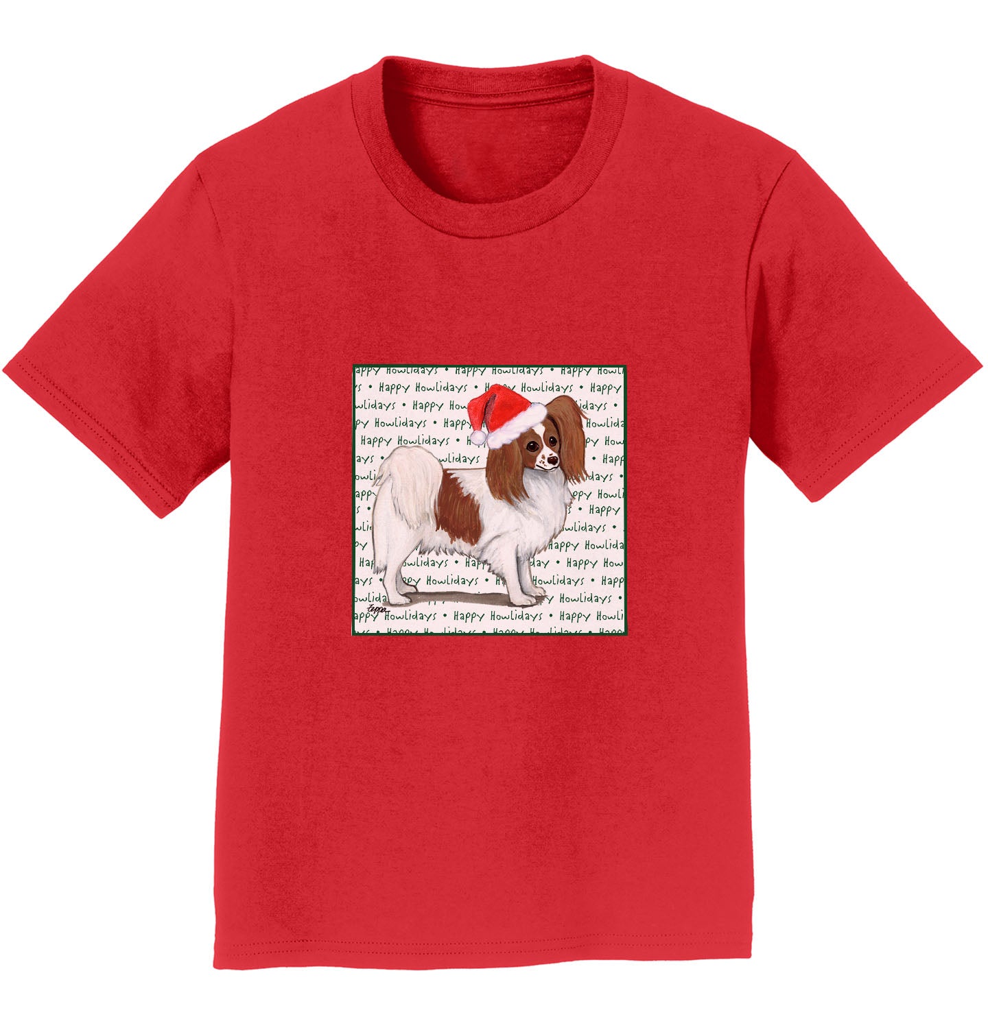 Papillon (Red) Happy Howlidays Text - Kids' Unisex T-Shirt