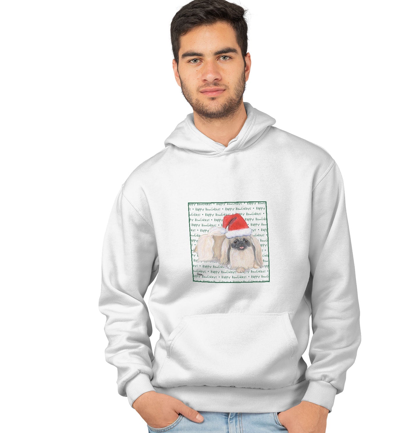 Pekingese Happy Howlidays Text - Adult Unisex Hoodie Sweatshirt