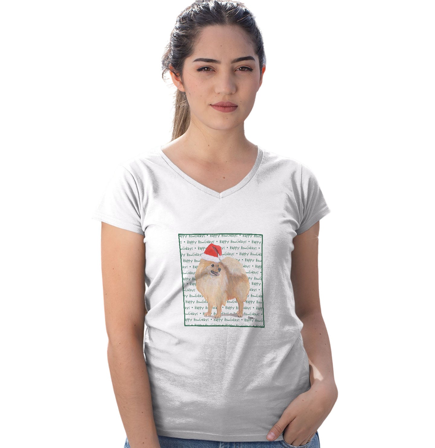 Pomeranian Happy Howlidays Text - Women's V-Neck T-Shirt