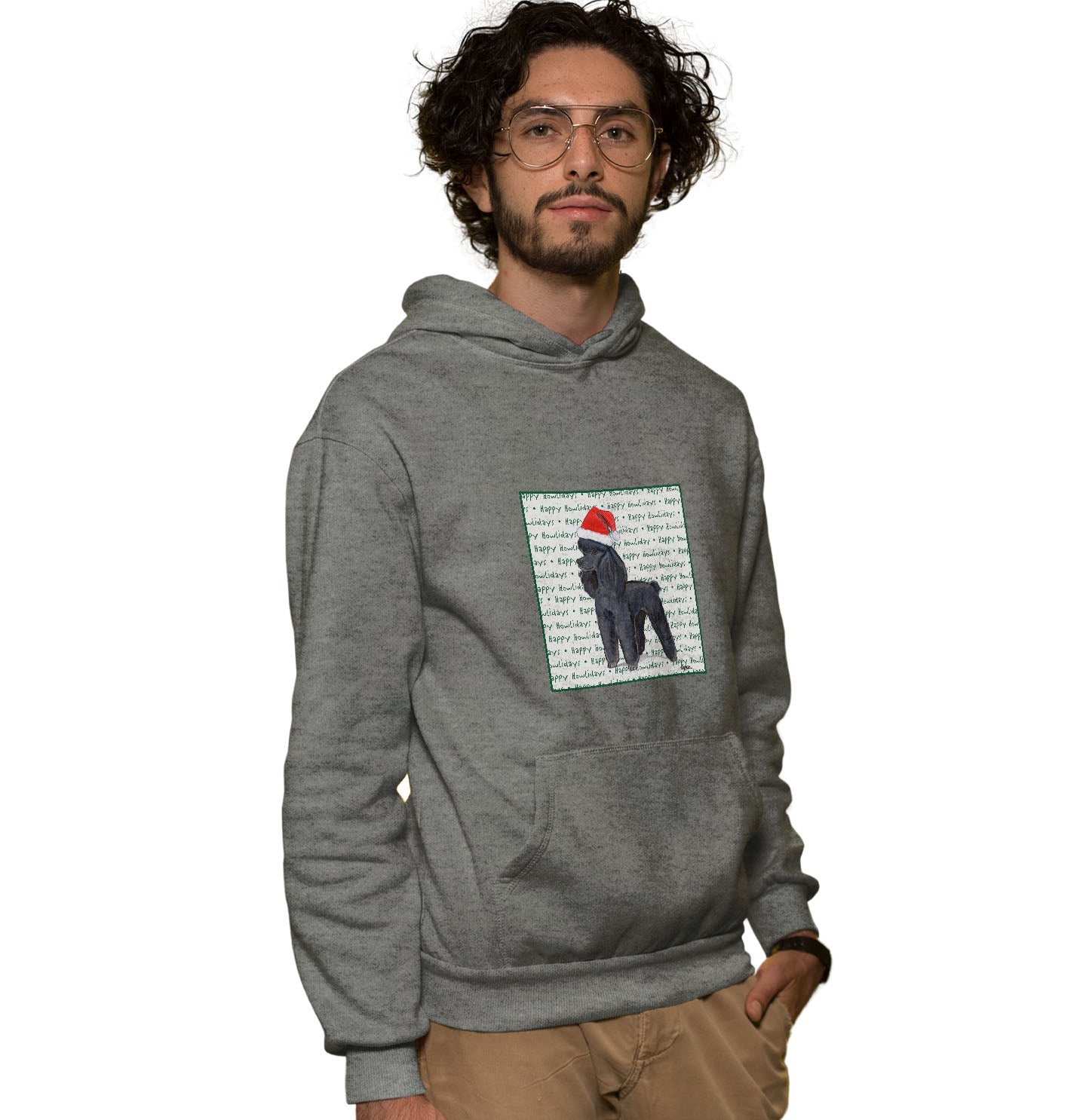 Poodle (Black) Happy Howlidays Text - Adult Unisex Hoodie Sweatshirt