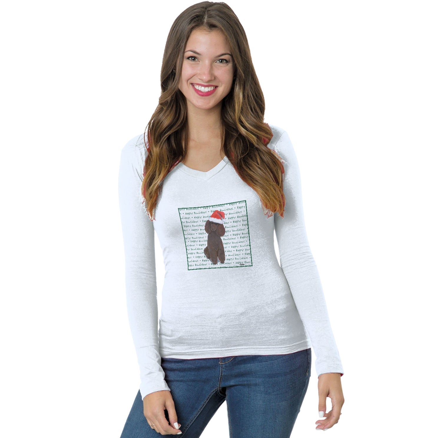 Poodle (Chocolate) Happy Howlidays Text - Women's V-Neck Long Sleeve T-Shirt