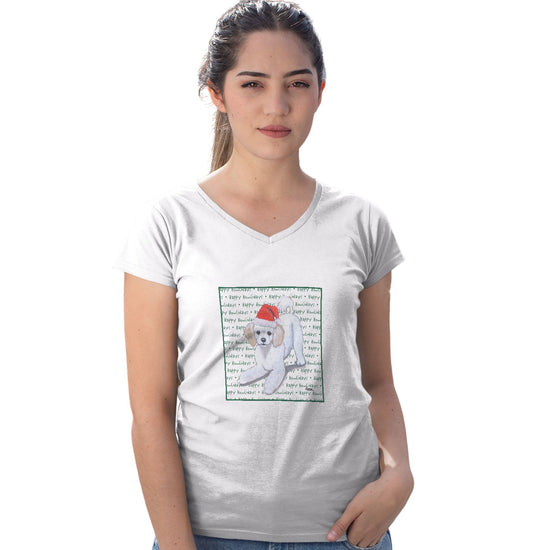 Poodle Puppy Happy Howlidays Text - Women's V-Neck T-Shirt