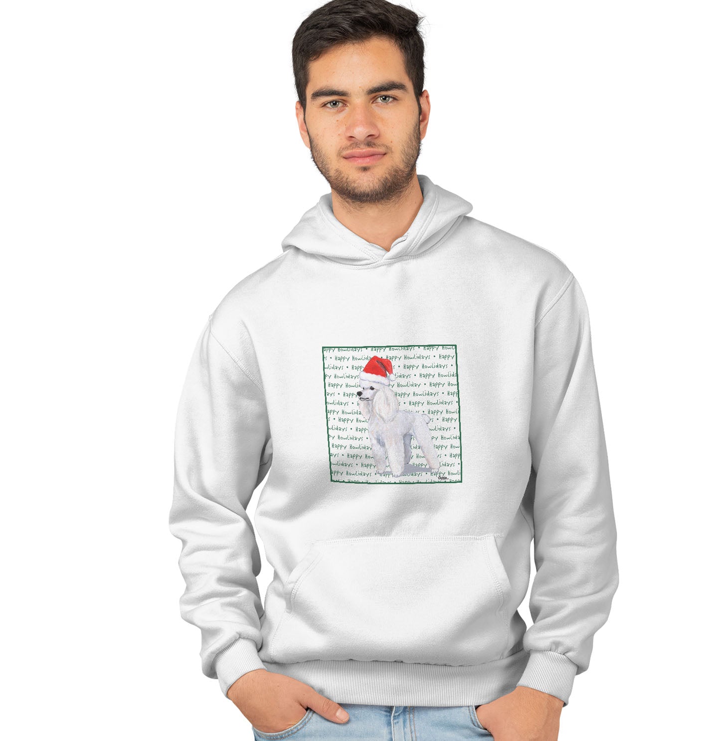 Poodle (White) Happy Howlidays Text - Adult Unisex Hoodie Sweatshirt