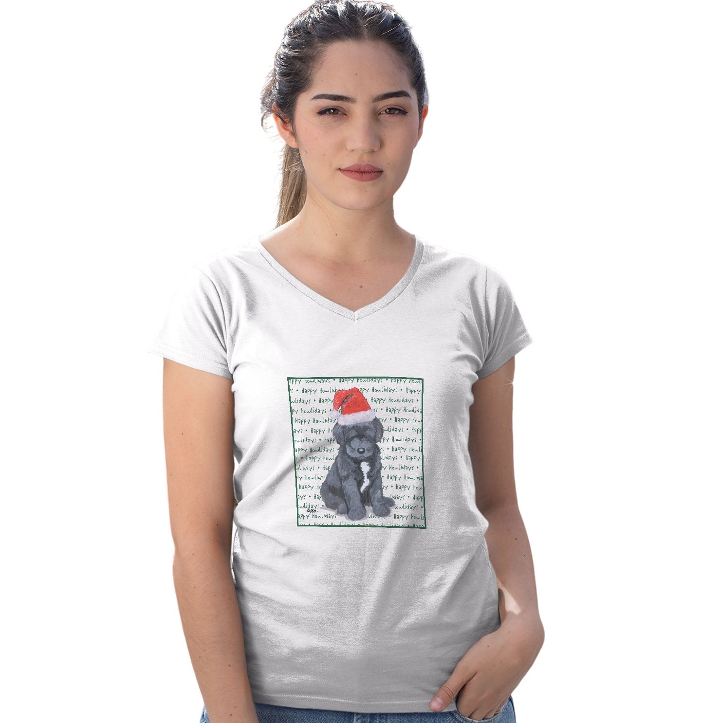 Portuguese Water Dog Puppy Happy Howlidays Text - Women's V-Neck T-Shirt