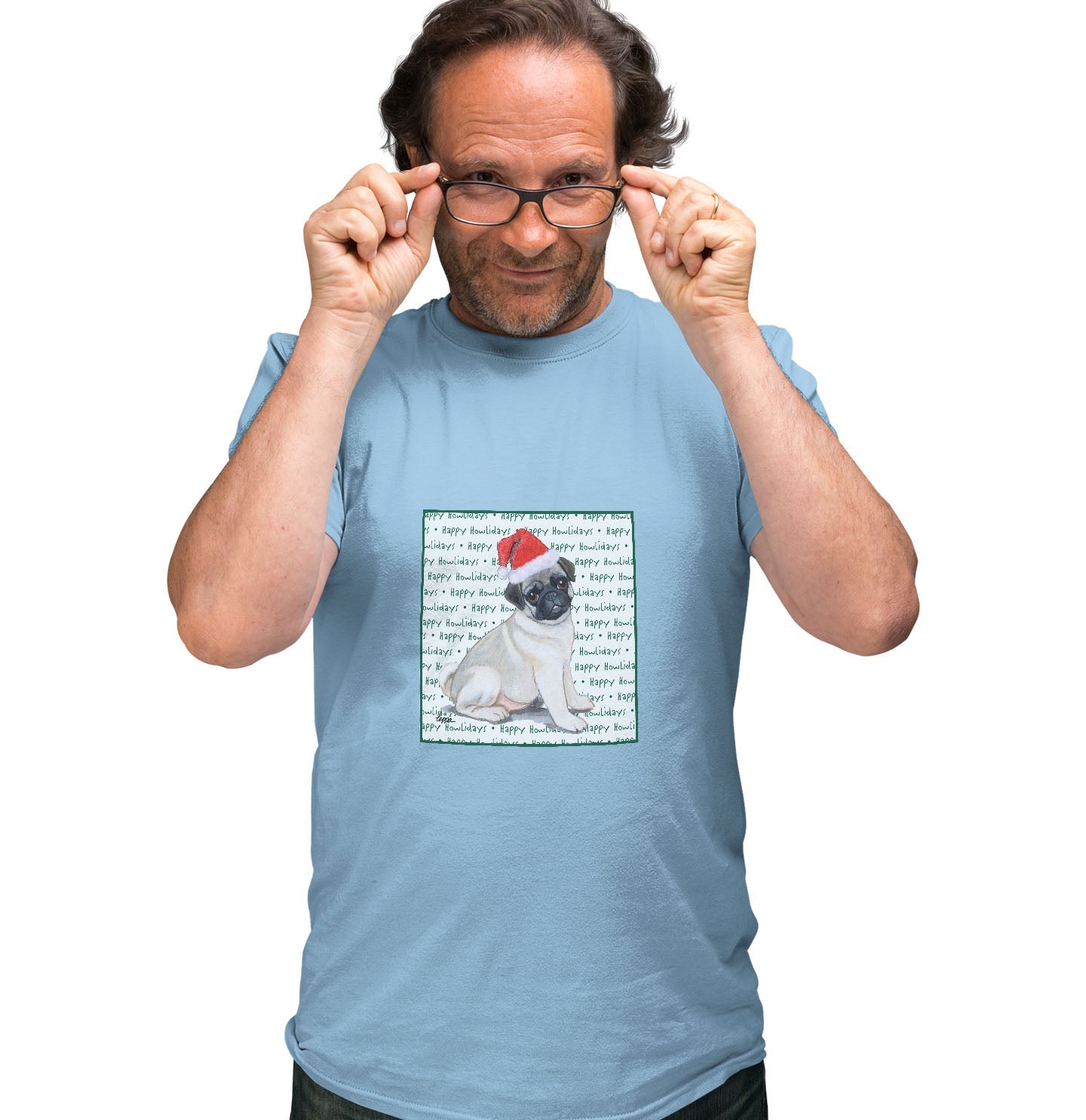 Pug Puppy Happy Howlidays Text - Adult Unisex T-Shirt