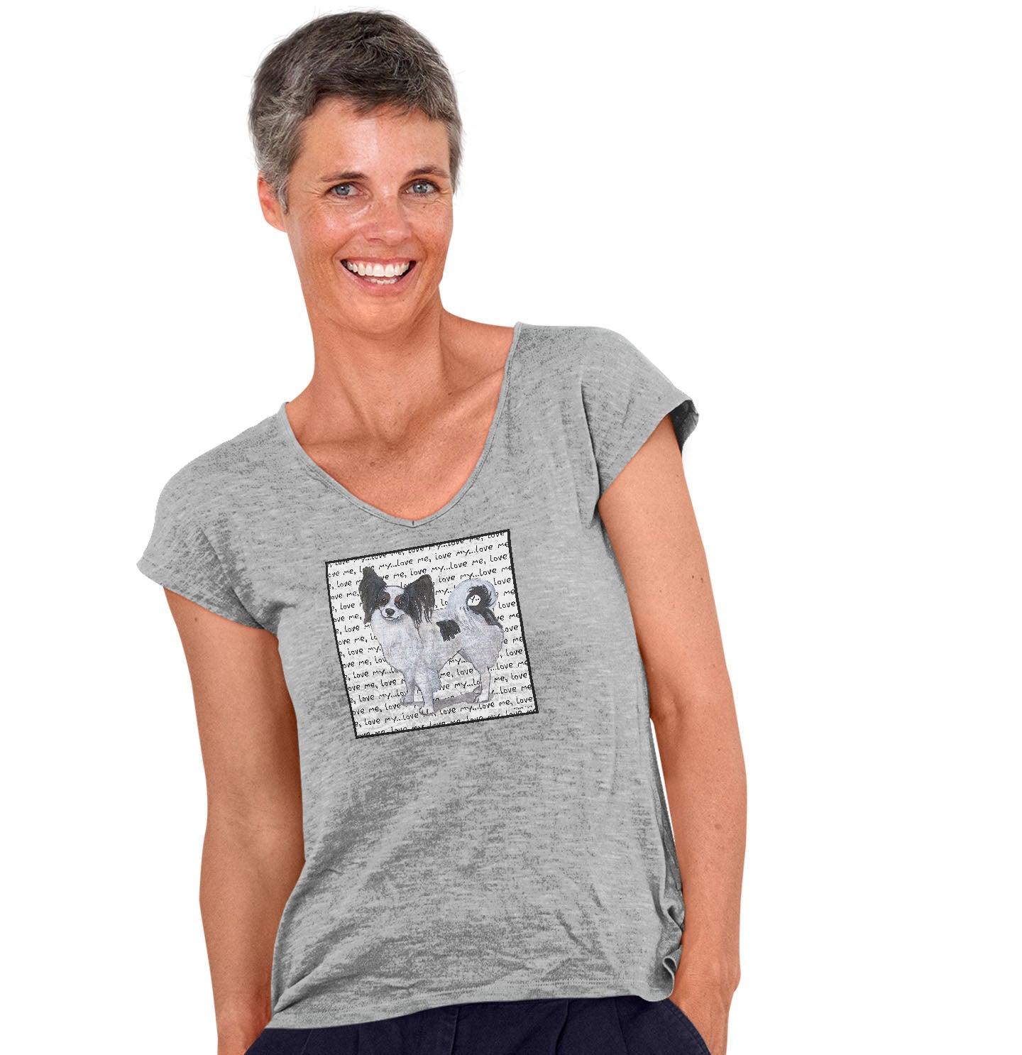 Tri-Color Papillon Love Text - Women's V-Neck T-Shirt