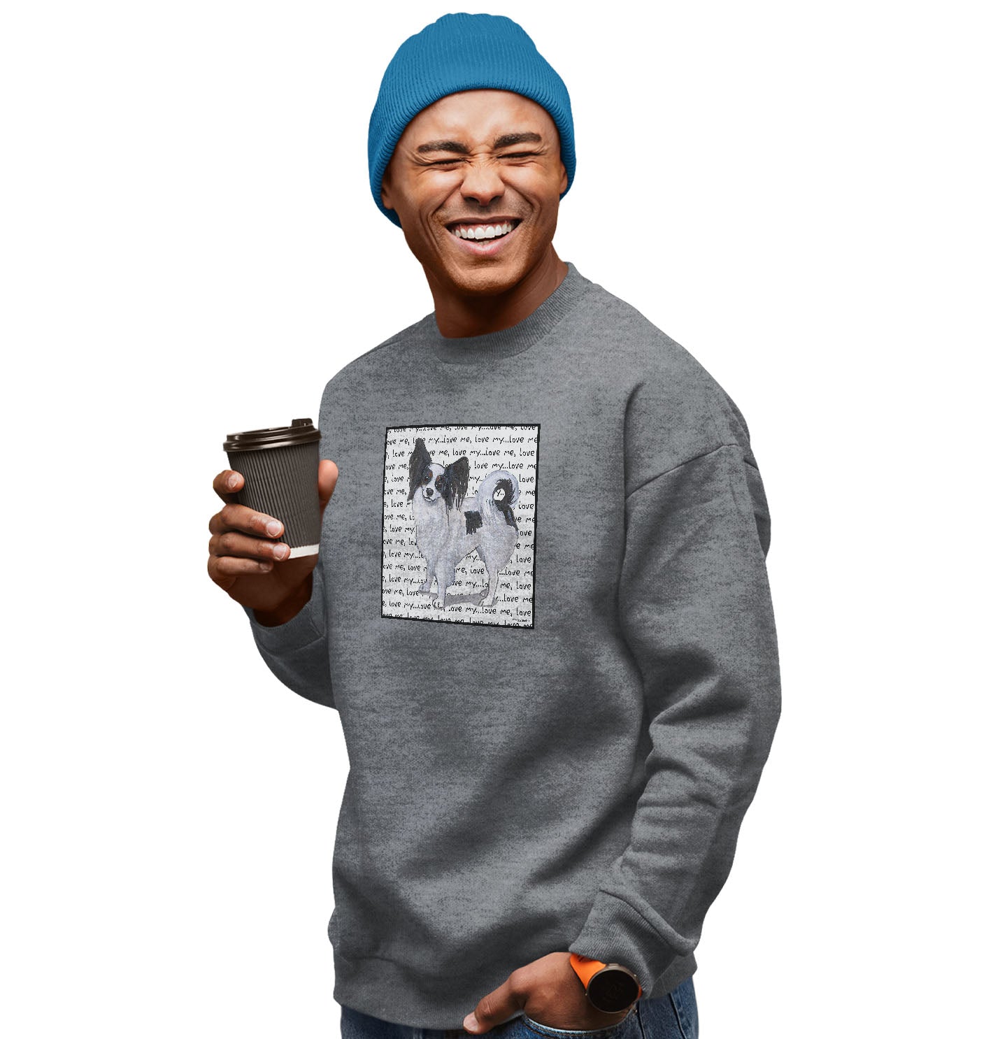 Tri-Color Papillon Love Text - Adult Unisex Crewneck Sweatshirt