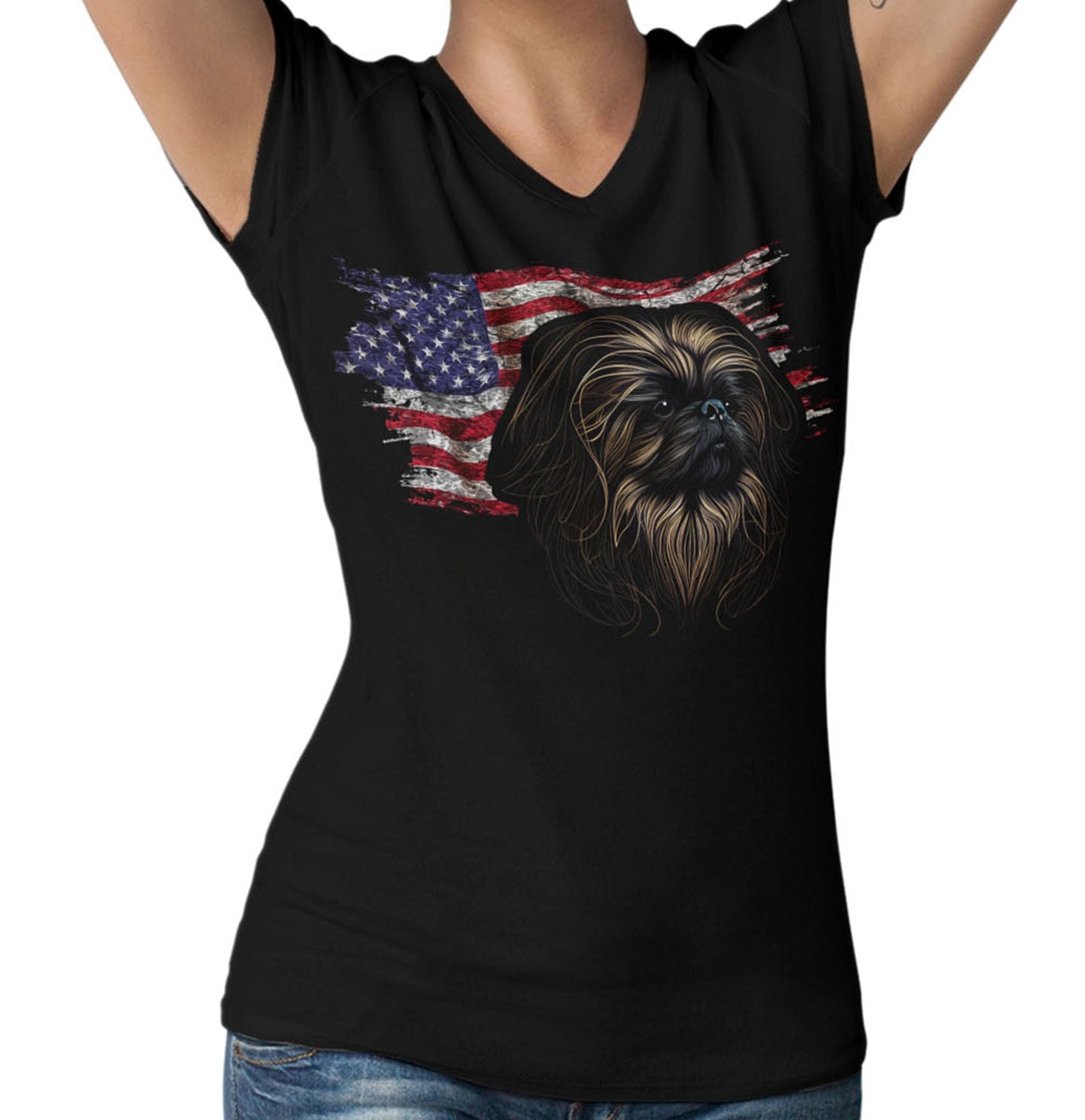 Patriotic Pekingese American Flag - Women's V-Neck T-Shirt