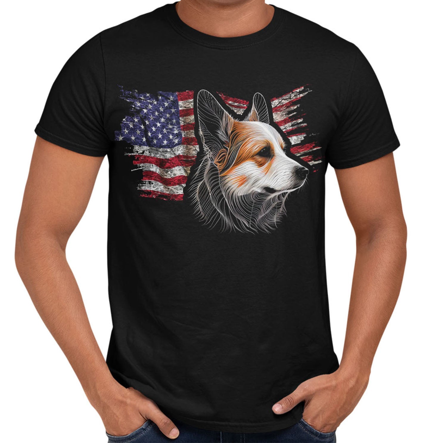 Patriotic Pembroke Welsh Corgi American Flag - Adult Unisex T-Shirt