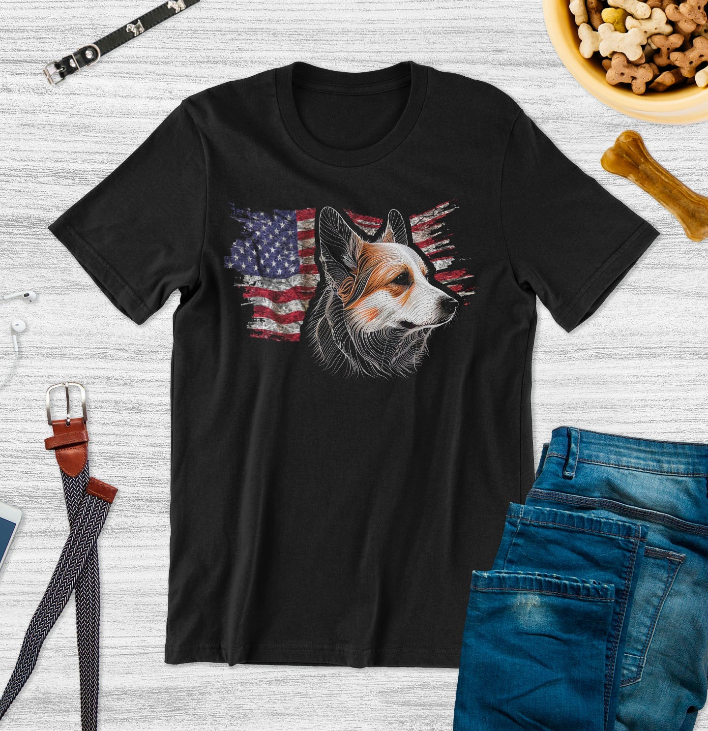 Patriotic Pembroke Welsh Corgi American Flag - Adult Unisex T-Shirt