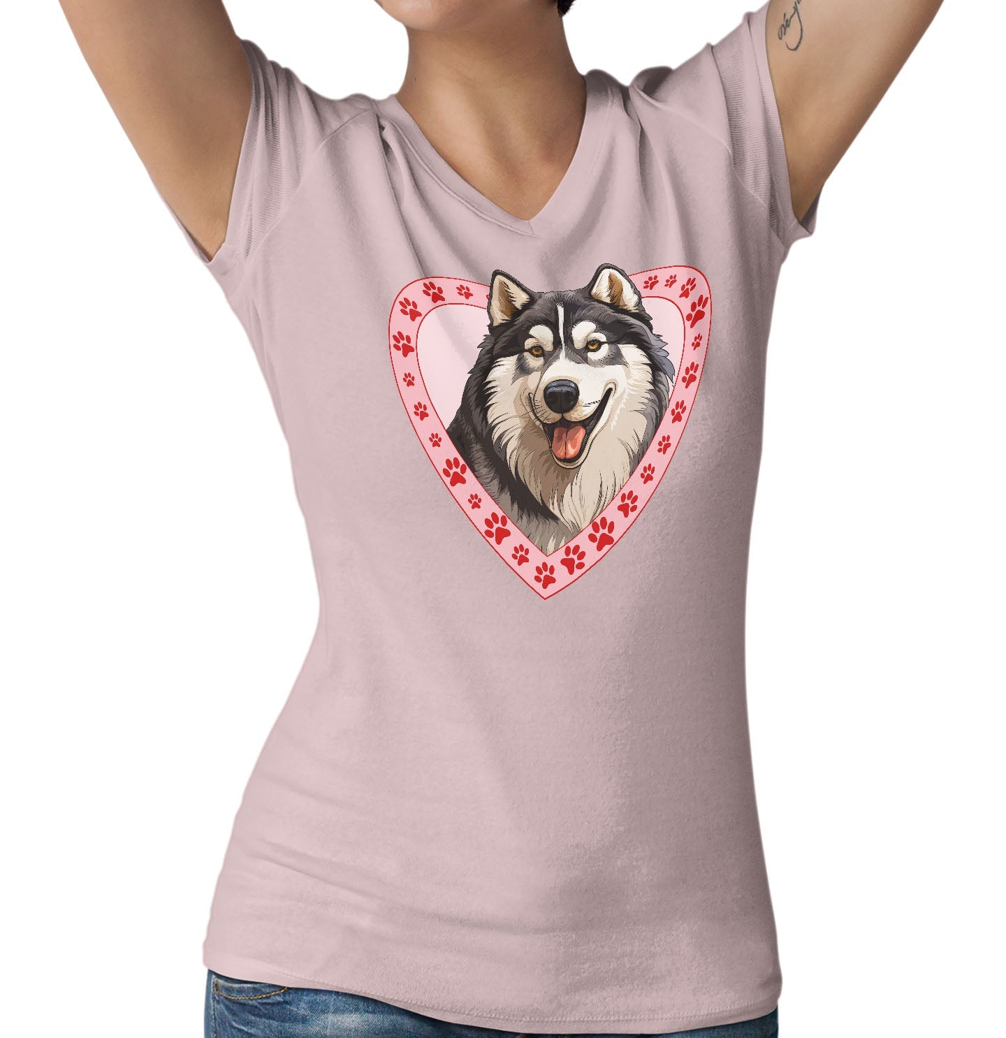 Alaskan Malamute Illustration In Heart - Women's V-Neck T-Shirt