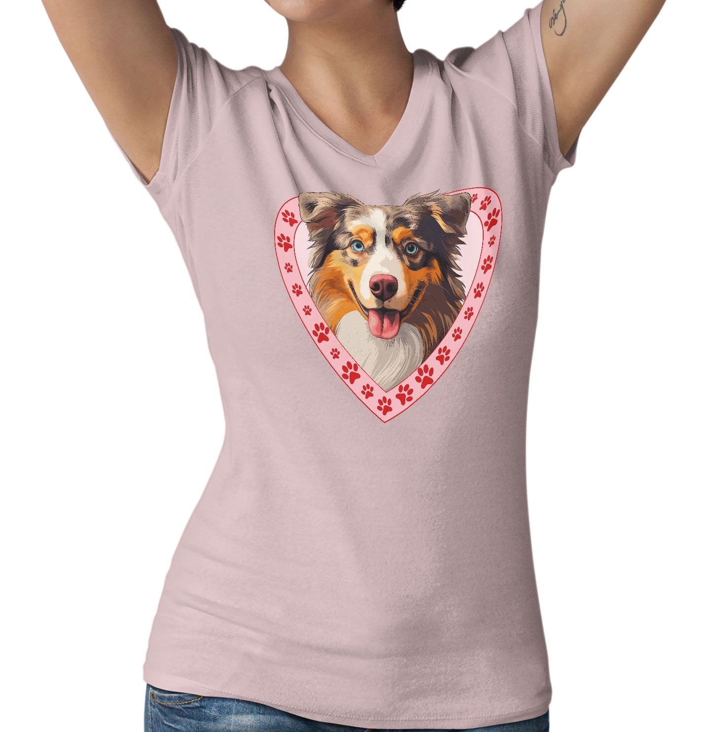 Australian Shepherd Illustration In Heart - Women's V-Neck T-Shirt