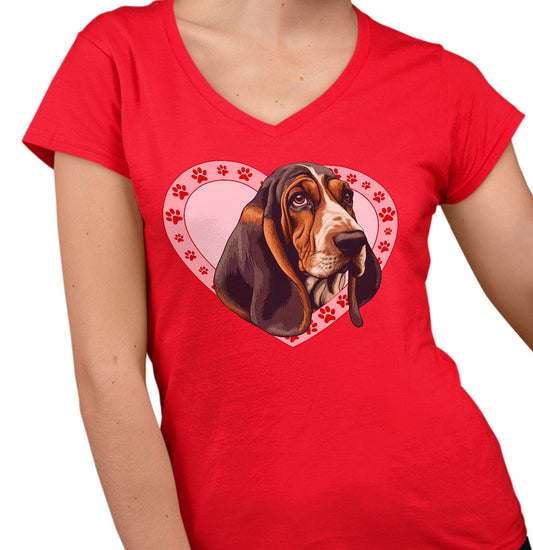 Basset Hound (Black, Brown & White) Illustration In Heart - Women's V-Neck T-Shirt