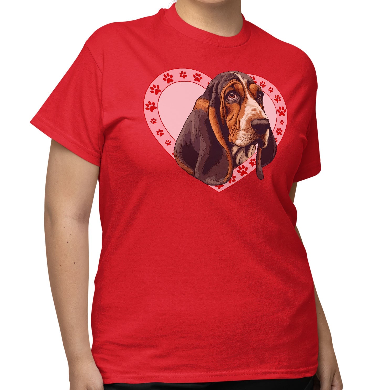 Basset Hound (Black, Brown & White) Illustration In Heart - Adult Unisex T-Shirt