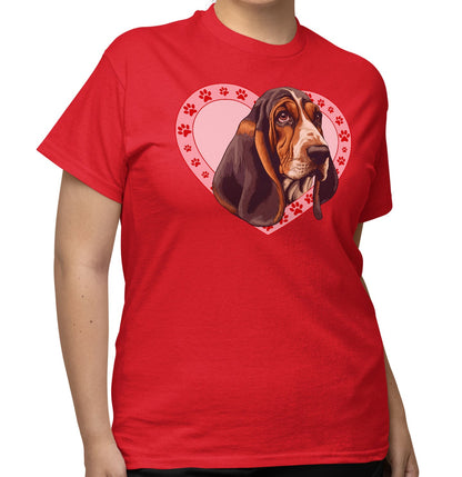 Basset Hound (Black, Brown & White) Illustration In Heart - Adult Unisex T-Shirt