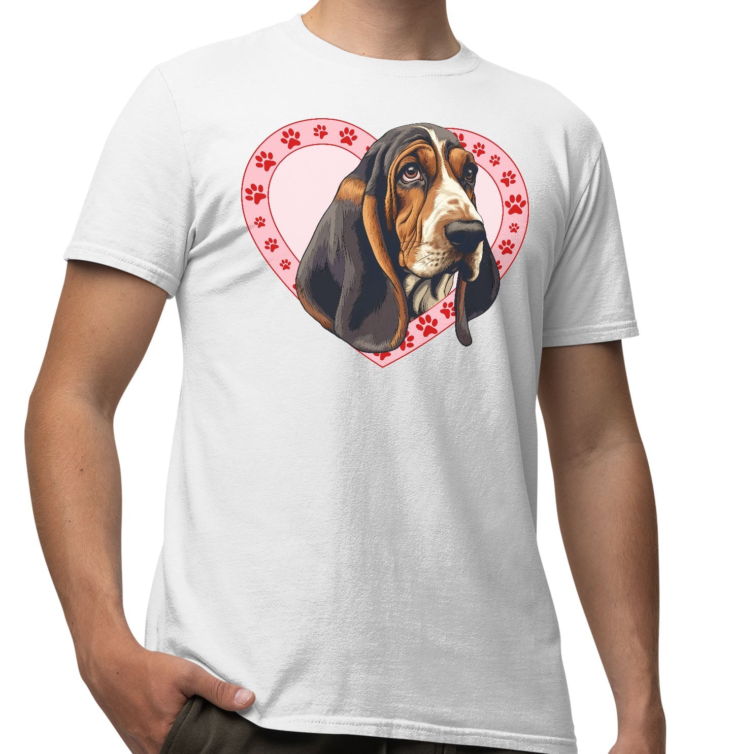 Basset Hound (Black, Brown & White) Illustration In Heart - Adult Unisex T-Shirt