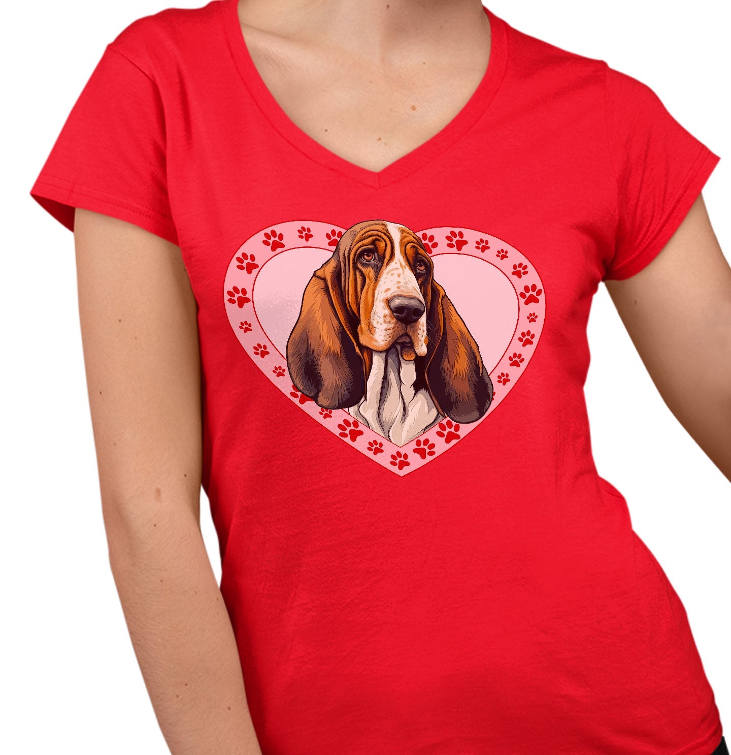 Basset Hound (Red & White) Illustration In Heart - Women's V-Neck T-Shirt