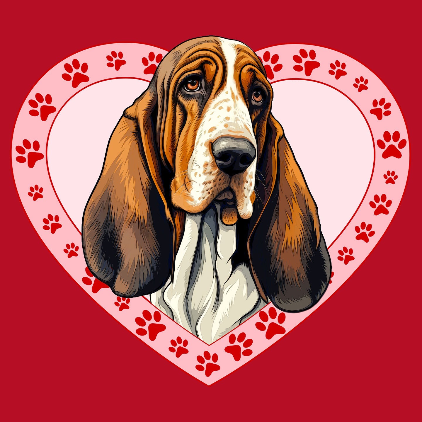 Basset Hound (Red & White) Illustration In Heart - Women's V-Neck T-Shirt