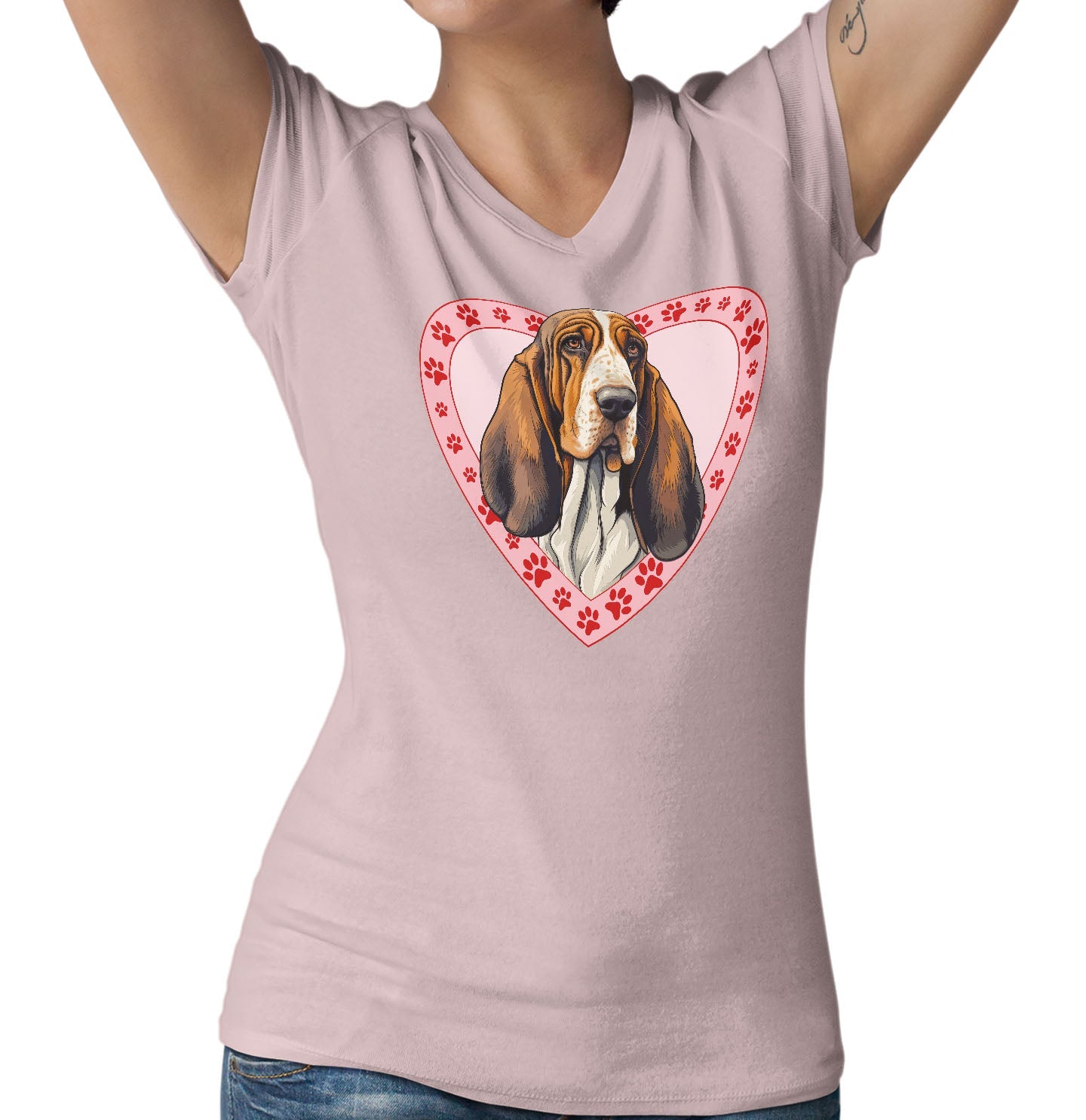 Basset Hound (Red & White) Illustration In Heart - Women's V-Neck T-Shirt