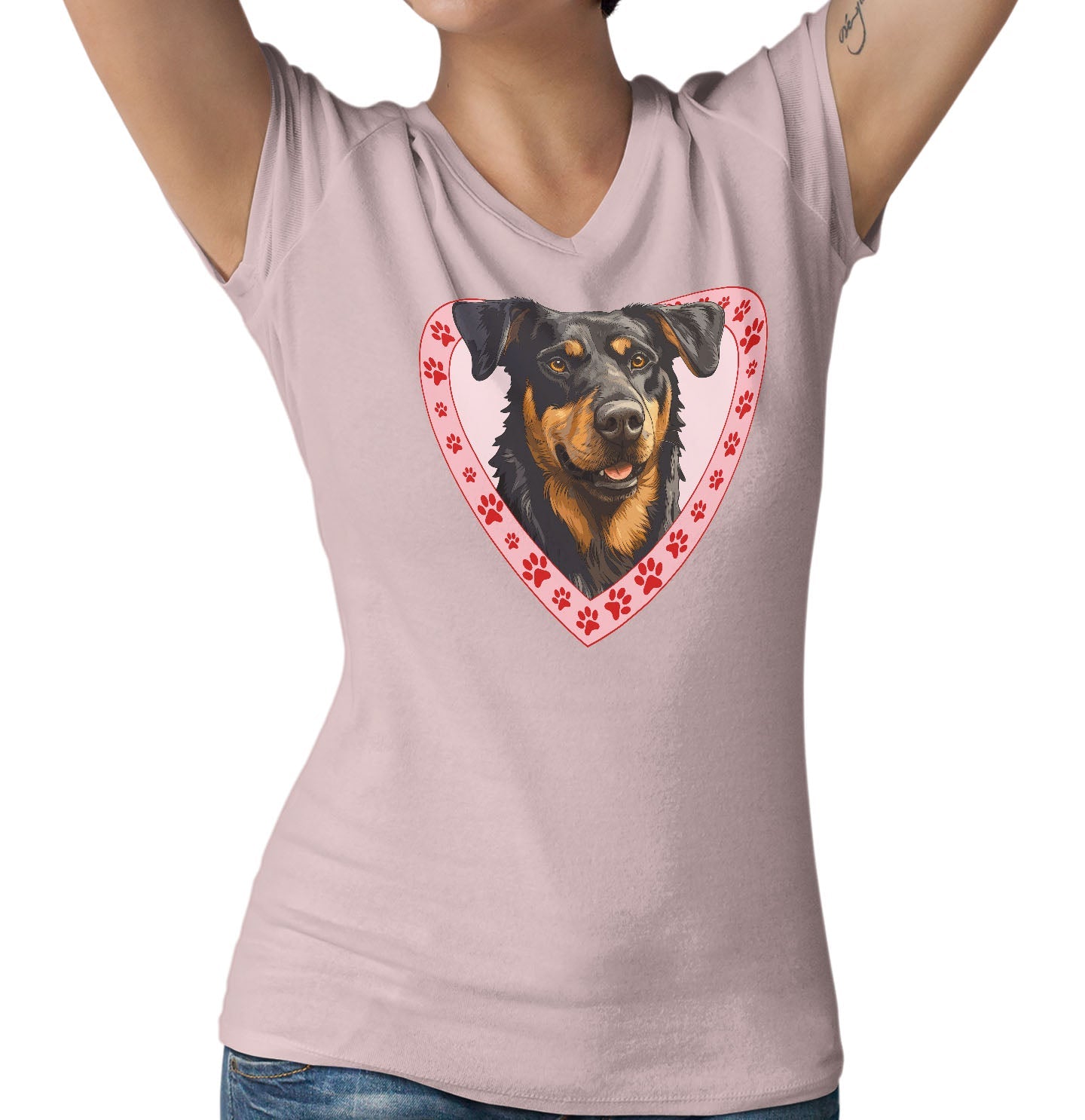 Beauceron Illustration In Heart - Women's V-Neck T-Shirt