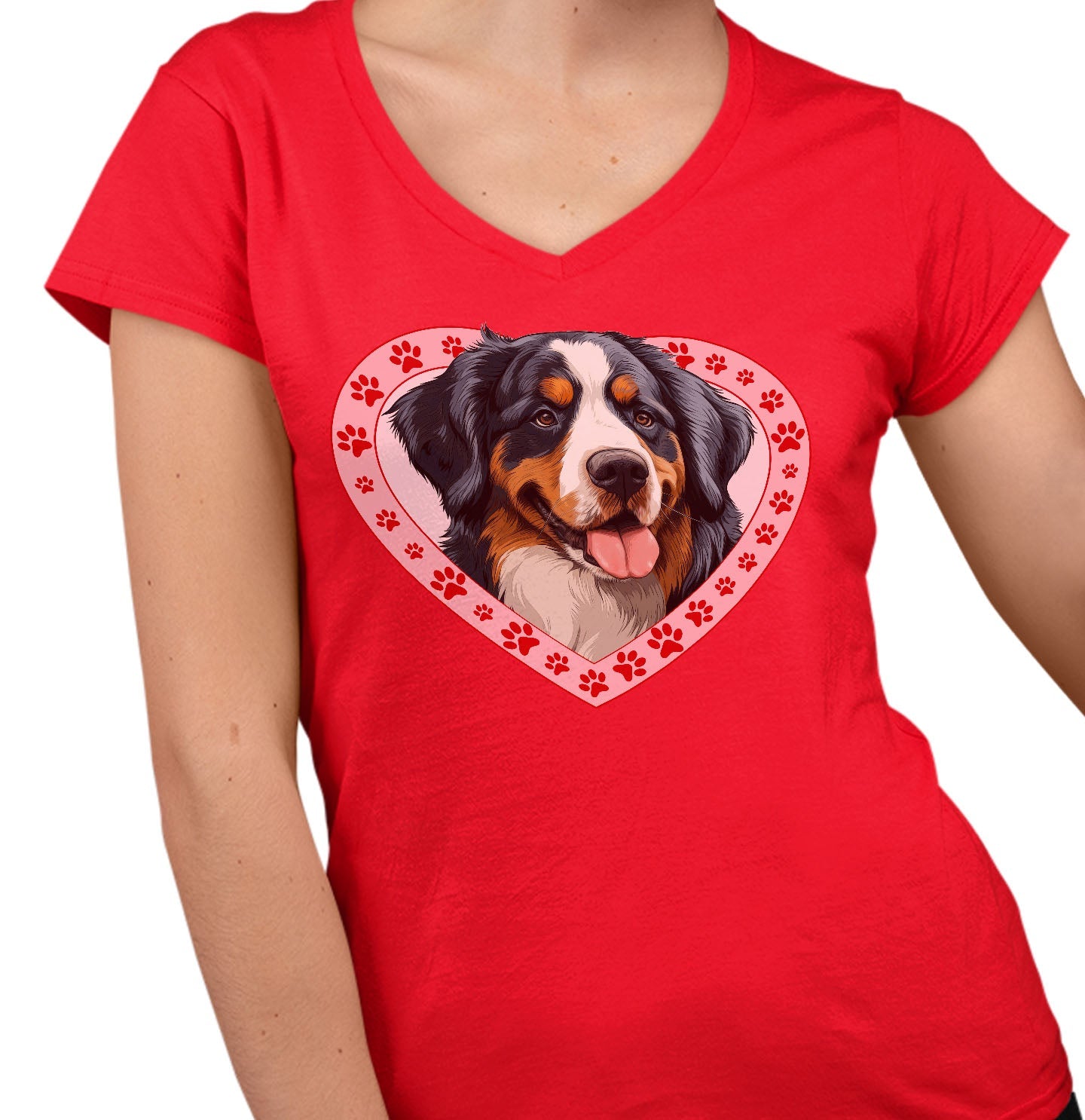 Bernese Mountain Dog Illustration In Heart - Women's V-Neck T-Shirt