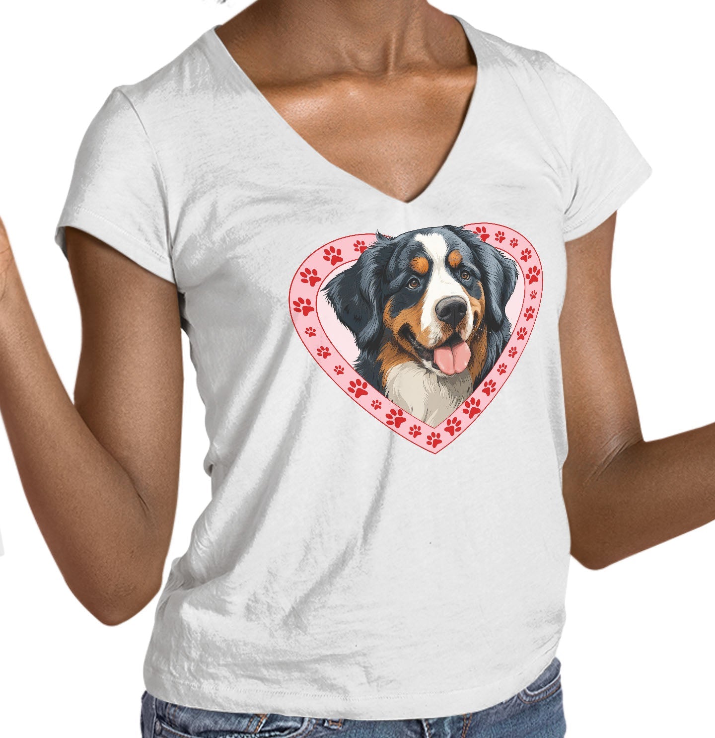 Bernese Mountain Dog Illustration In Heart - Women's V-Neck T-Shirt