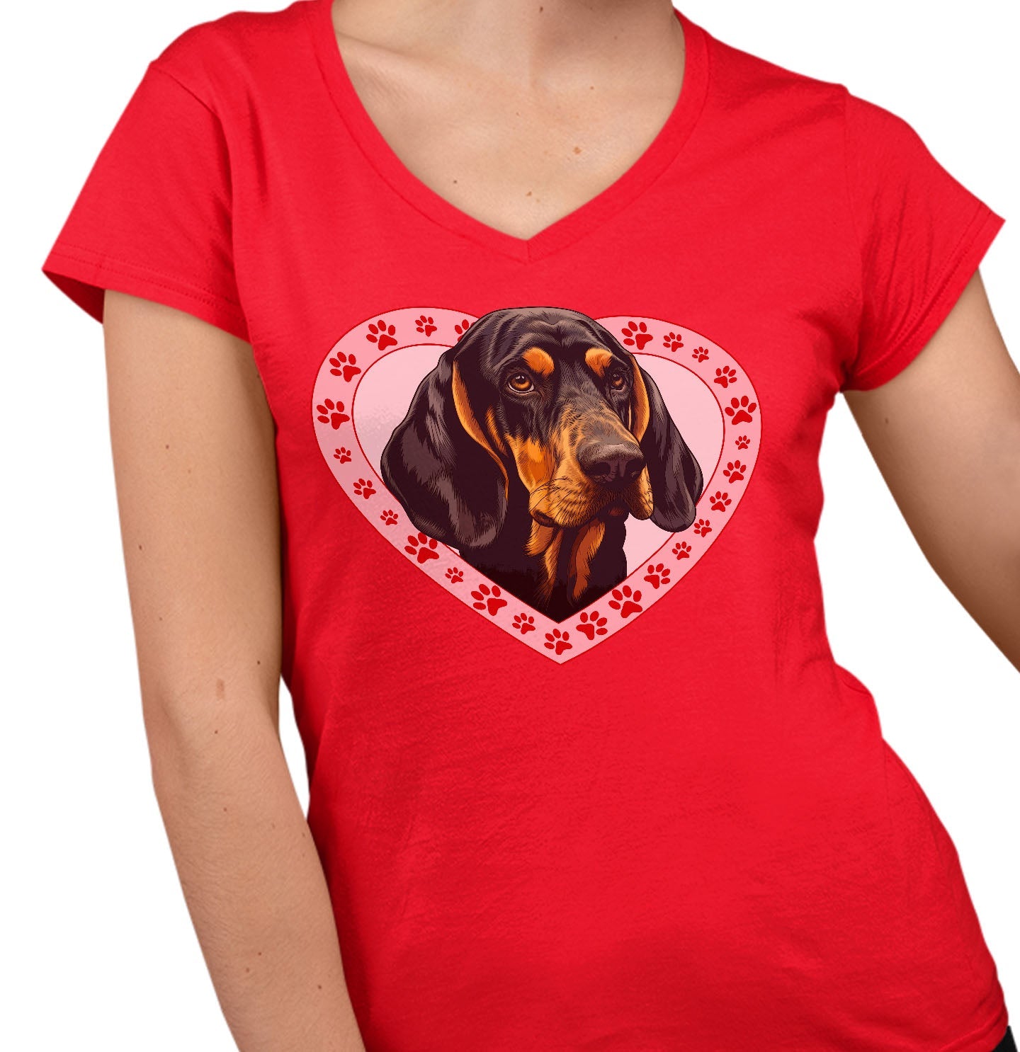 Black and Tan Coonhound Illustration In Heart - Women's V-Neck T-Shirt