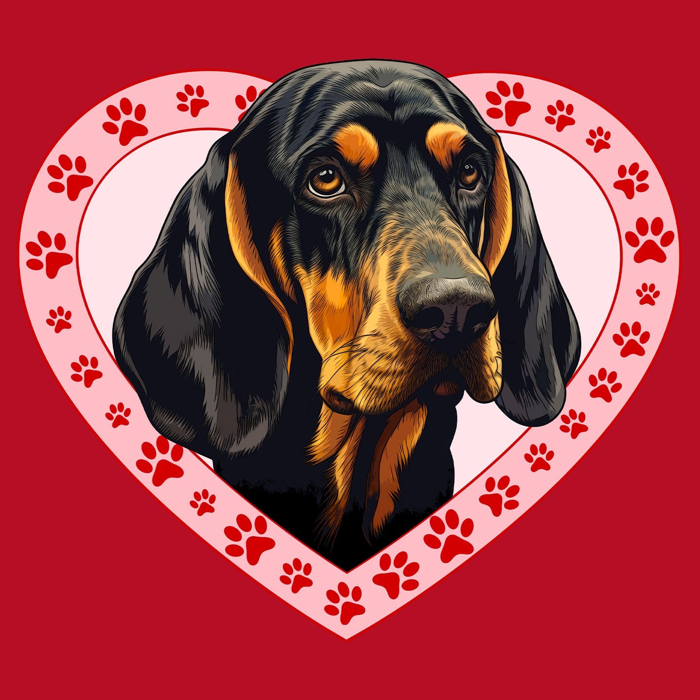 Black and Tan Coonhound Illustration In Heart - Women's V-Neck T-Shirt