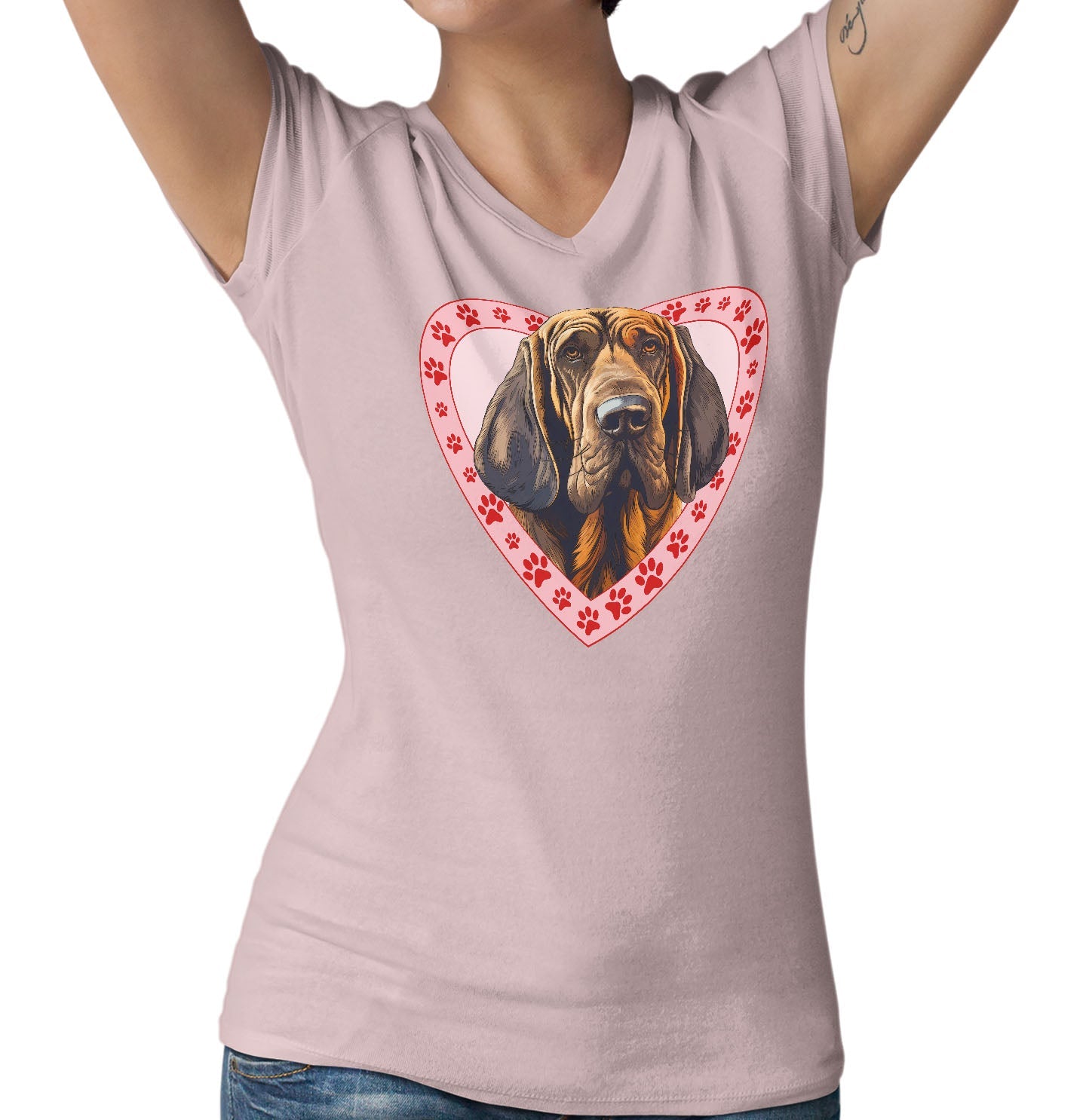 Bloodhound Illustration In Heart - Women's V-Neck T-Shirt