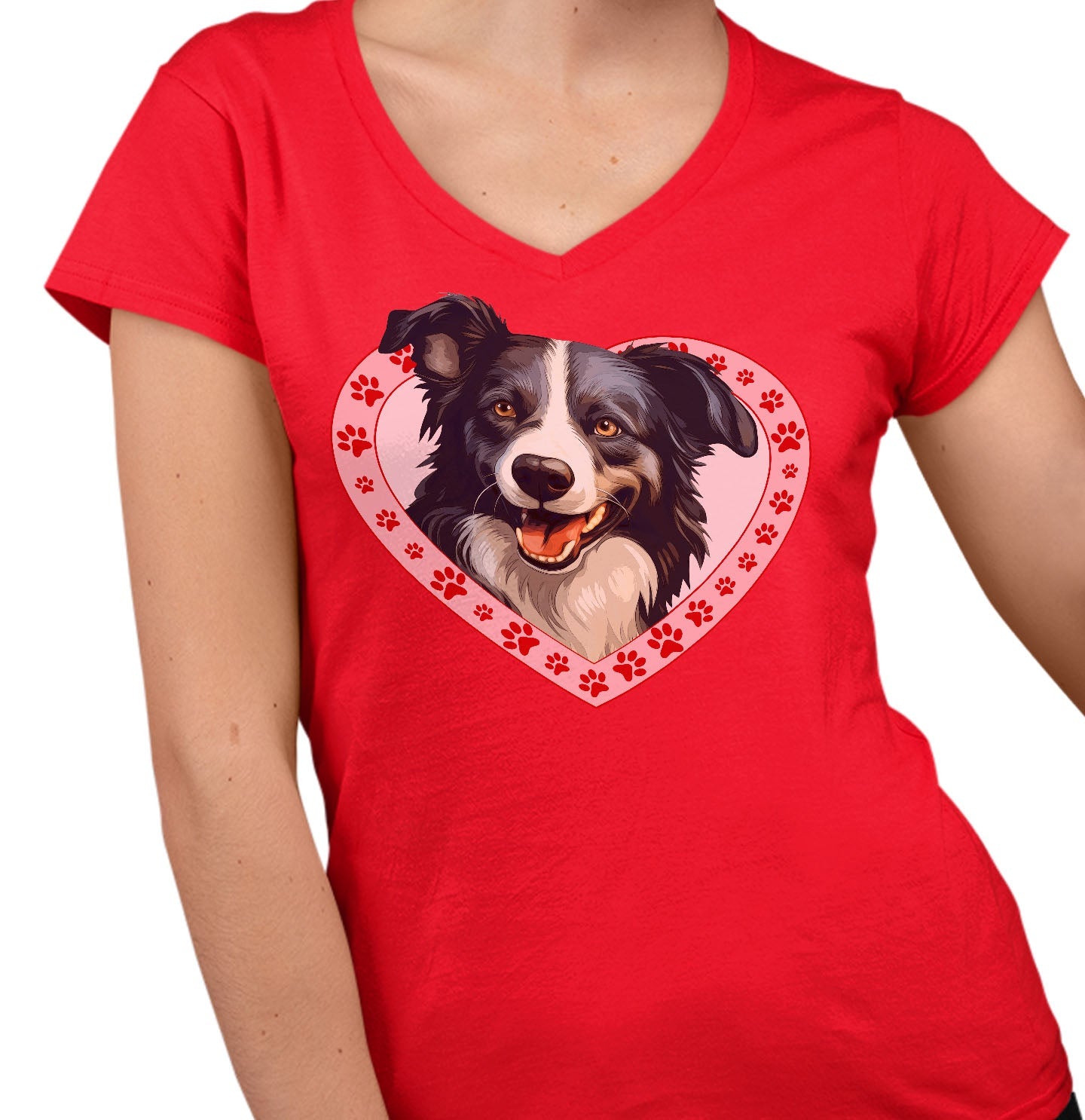 Border Collie Illustration In Heart - Women's V-Neck T-Shirt