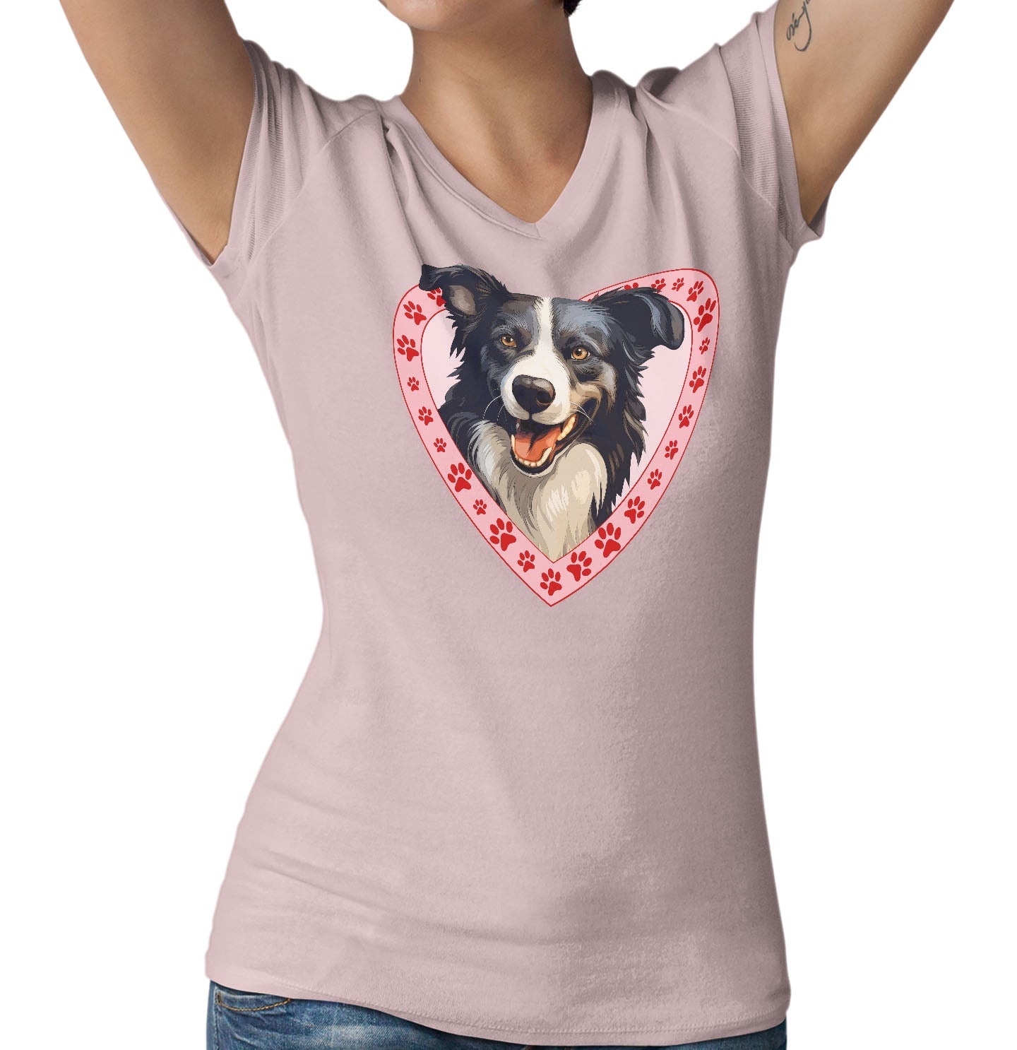 Border Collie Illustration In Heart - Women's V-Neck T-Shirt
