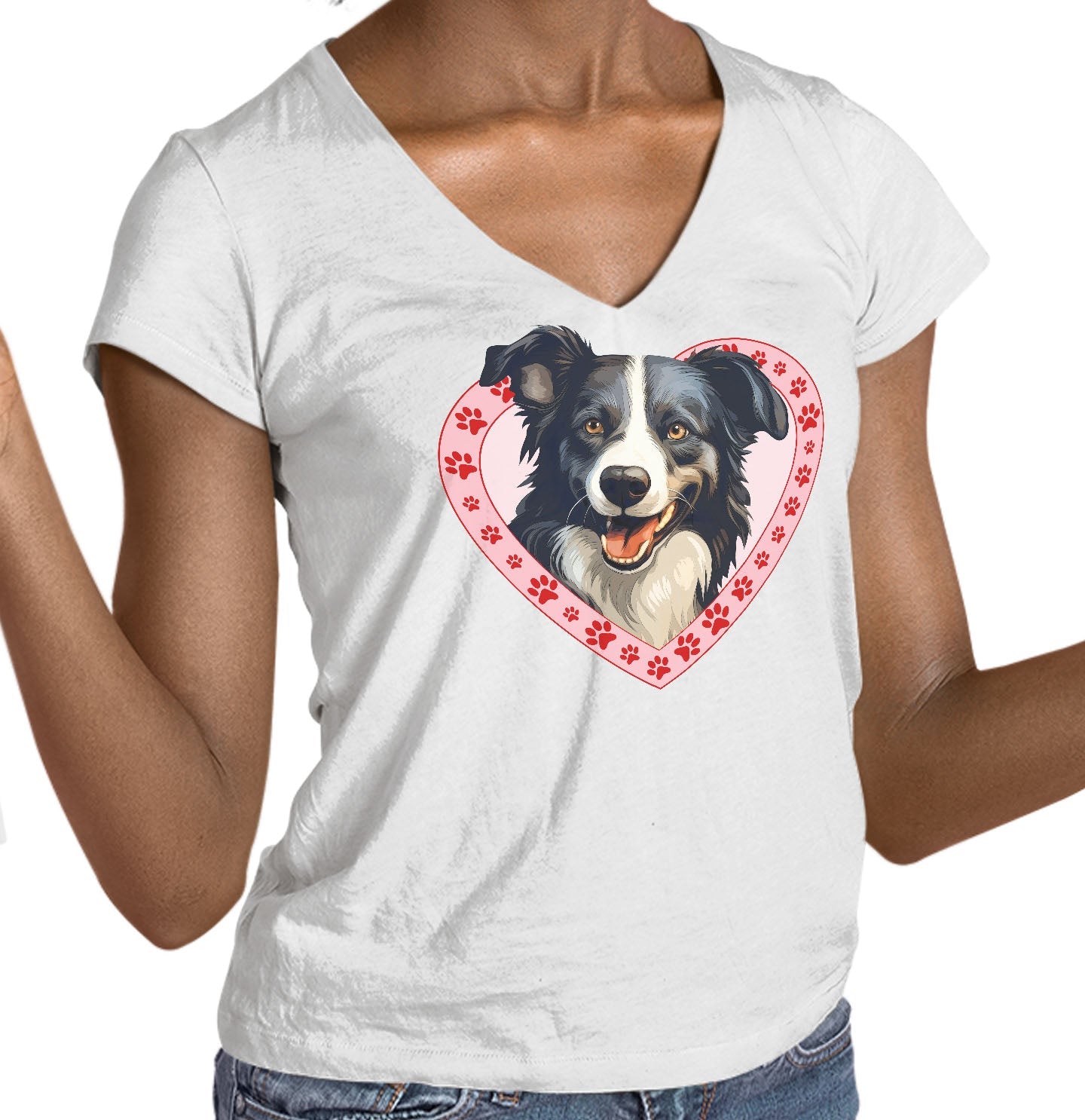 Border Collie Illustration In Heart - Women's V-Neck T-Shirt