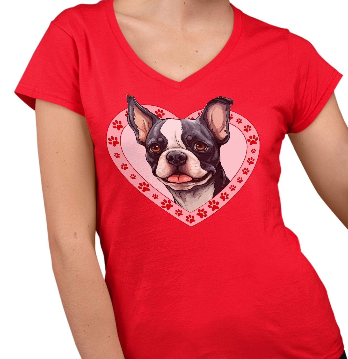 Boston Terrier Illustration In Heart - Women's V-Neck T-Shirt