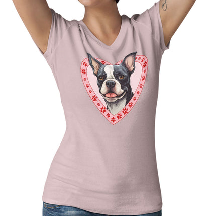 Boston Terrier Illustration In Heart - Women's V-Neck T-Shirt
