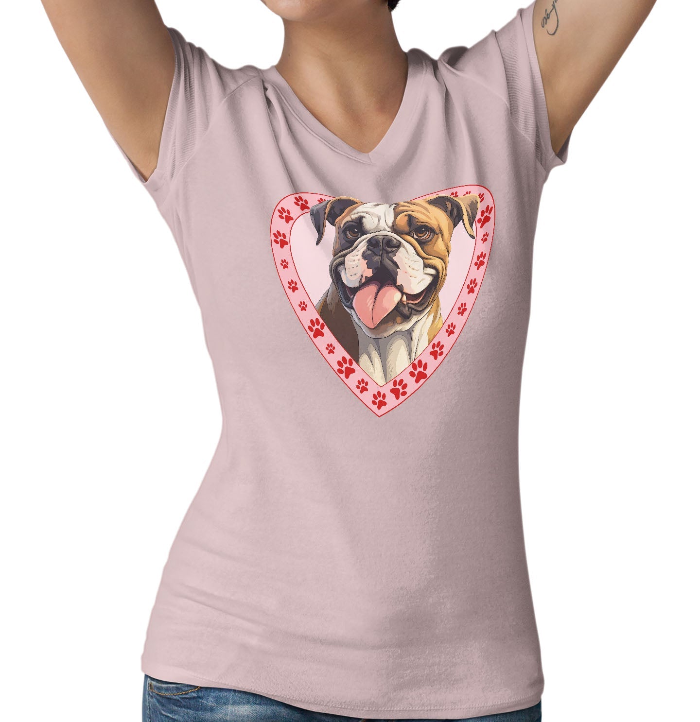 Bulldog Illustration In Heart - Women's V-Neck T-Shirt