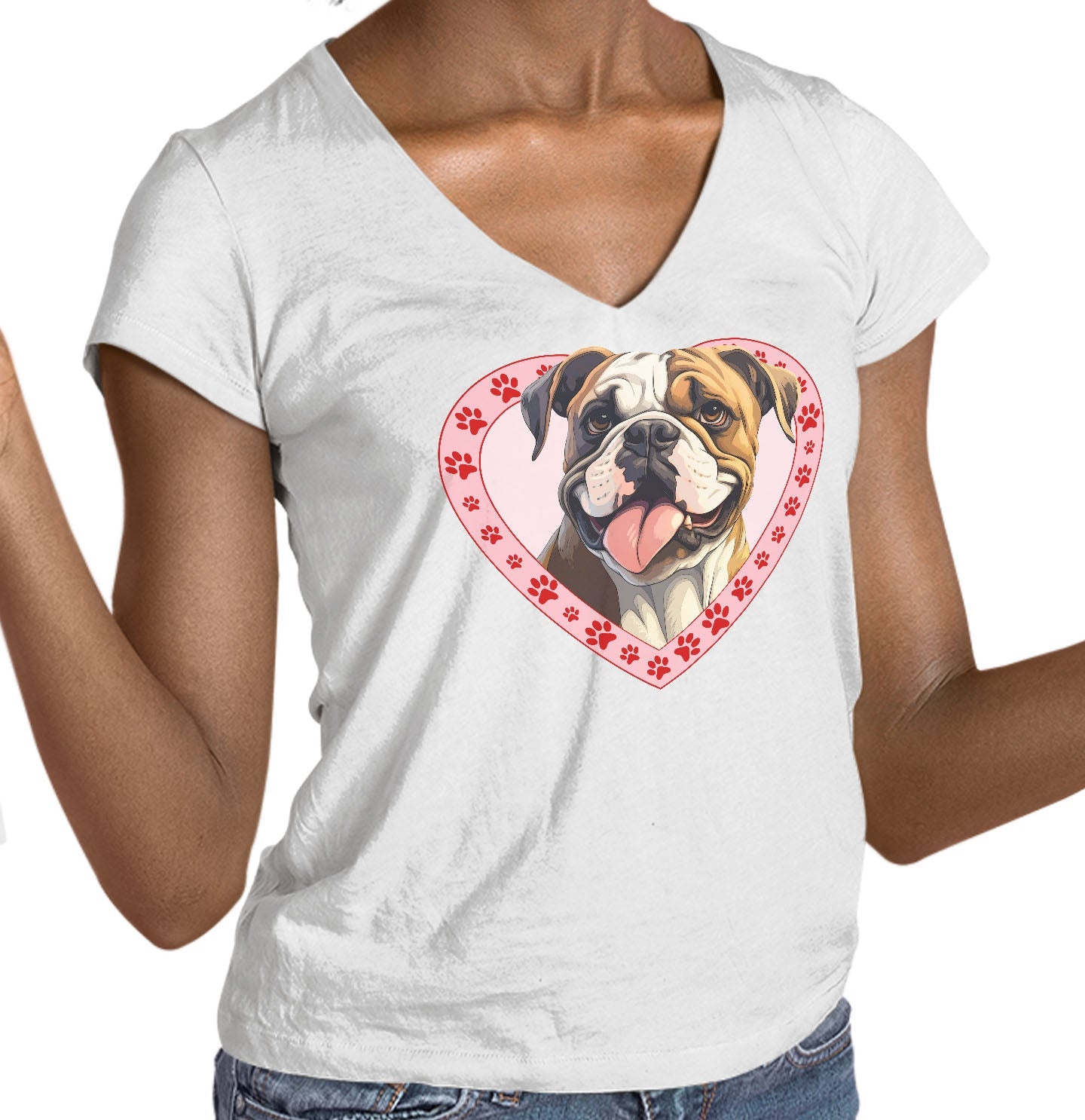 Bulldog Illustration In Heart - Women's V-Neck T-Shirt