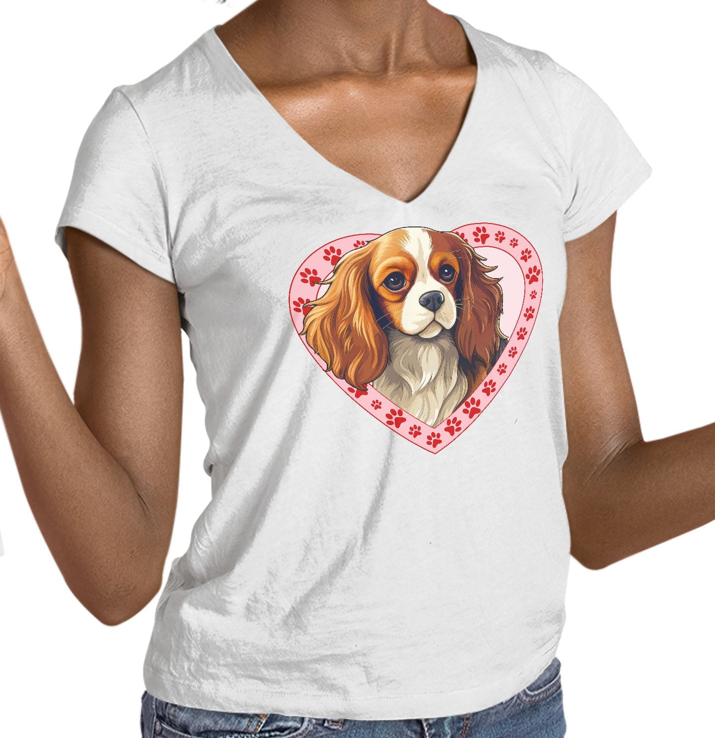 Cavalier King Charles Spaniel (Blenheim) Illustration In Heart - Women's V-Neck T-Shirt