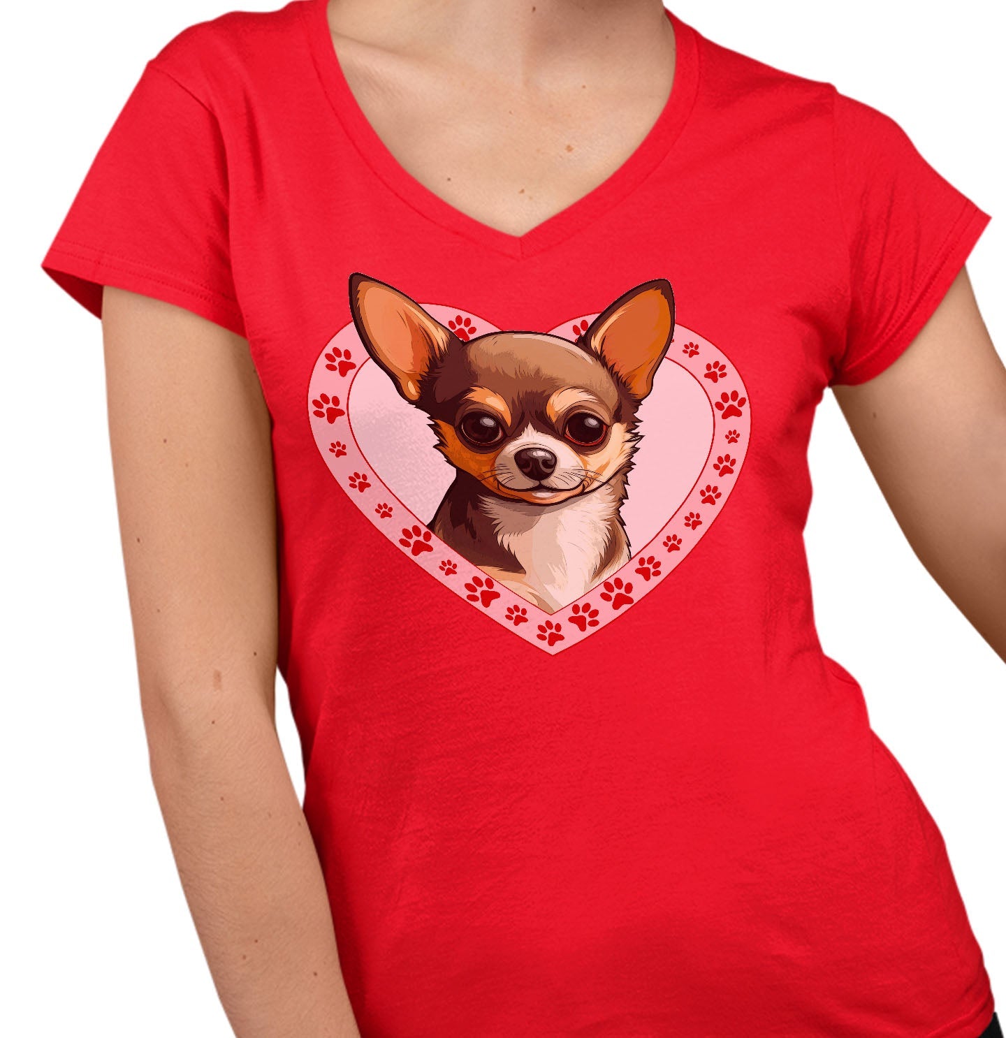 Chihuahua (Chocolate & Tan) Illustration In Heart - Women's V-Neck T-Shirt
