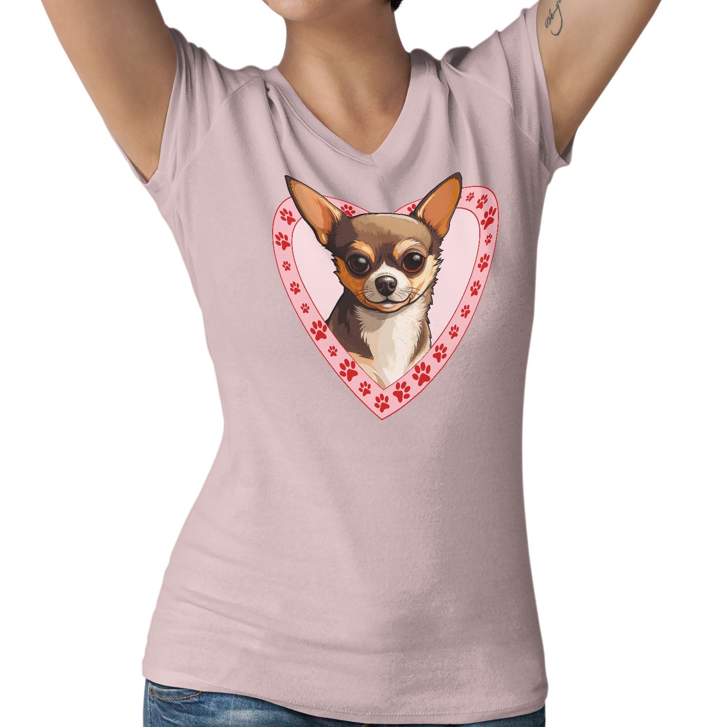 Chihuahua (Chocolate & Tan) Illustration In Heart - Women's V-Neck T-Shirt