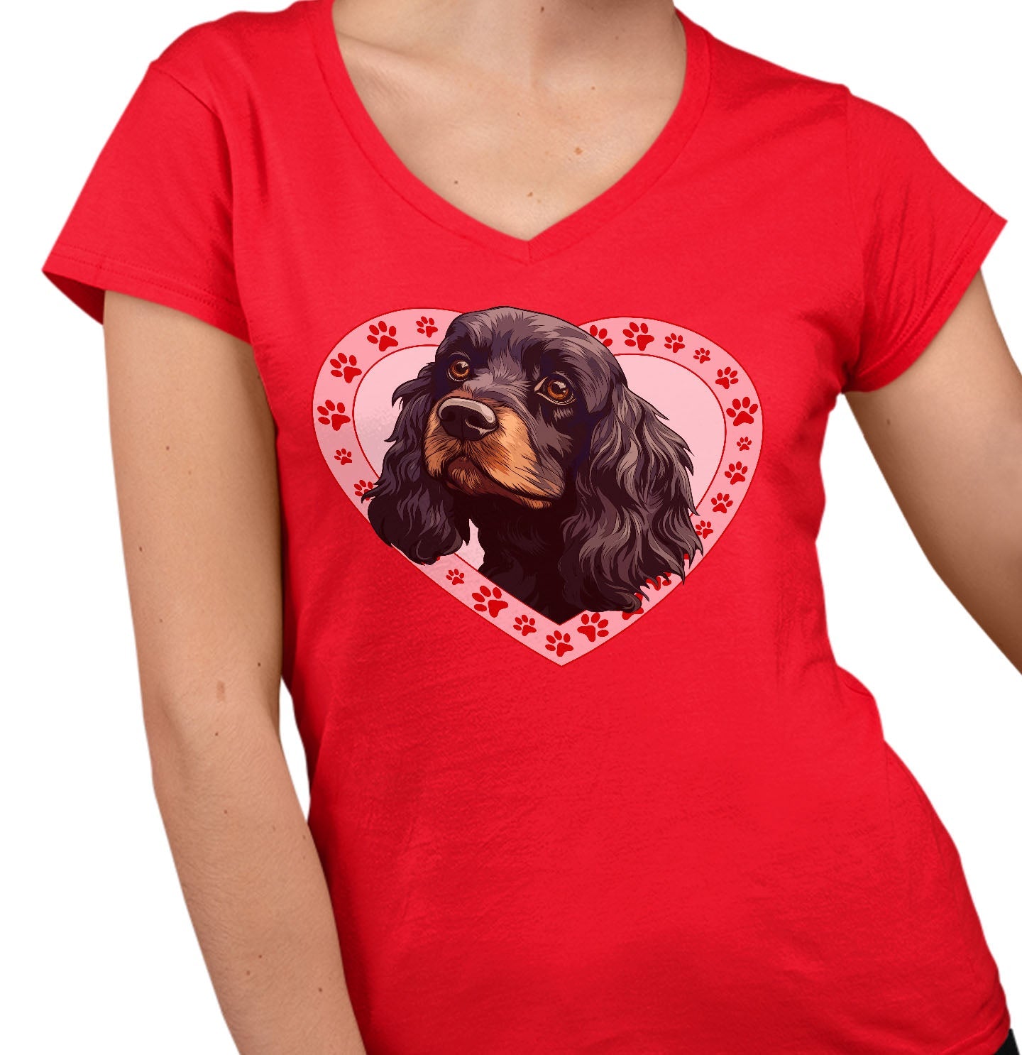 Cocker Spaniel (Black & Tan) Illustration In Heart - Women's V-Neck T-Shirt